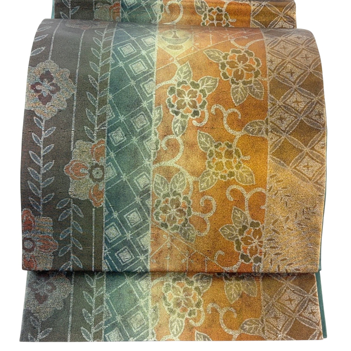【美品】 袋帯 逸品 落款あり 牛首紬地 草花 有職文様 金彩 深緑 全通 正絹 【中古】 msp30