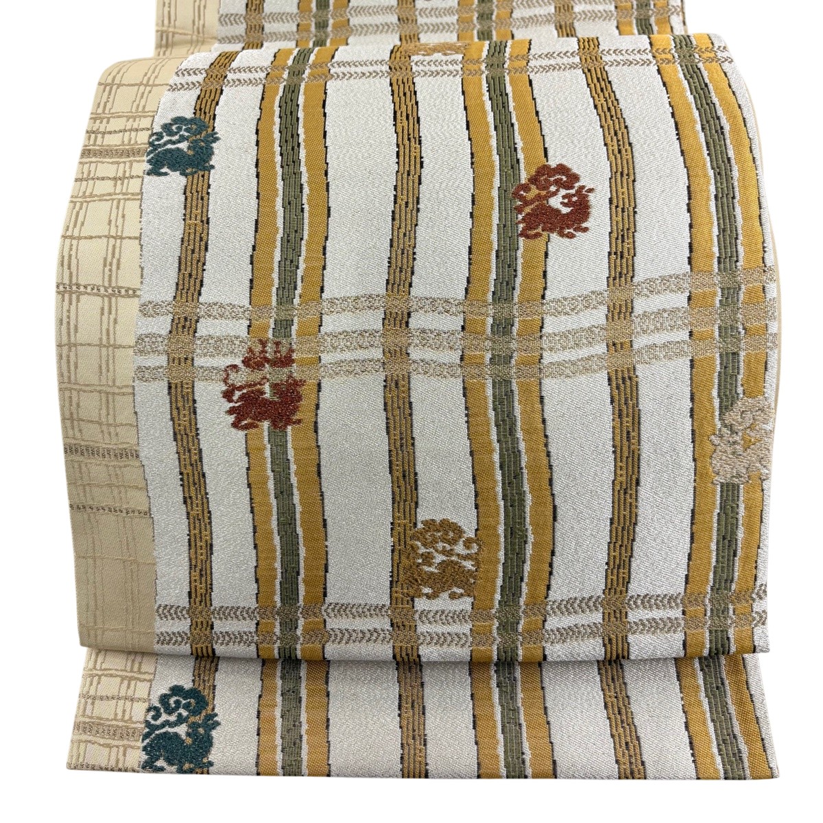 袋帯 名品 花兎 よろけ縞 箔 灰白 六通 正絹 【中古】