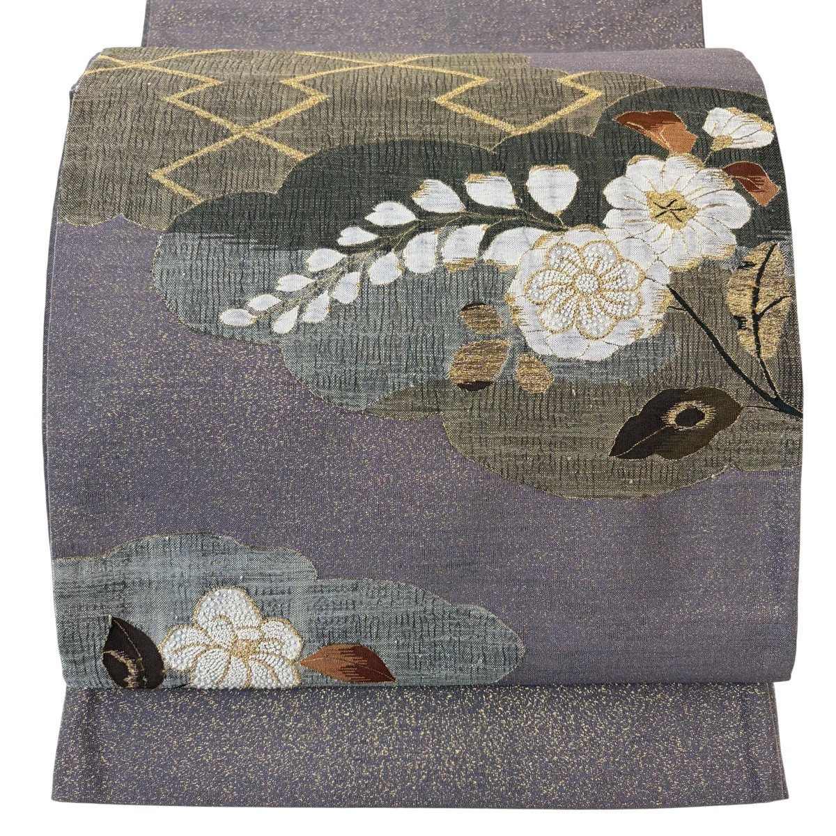 袋帯 名品 枝花 雲文 刺繍 金通し 灰紫 お太鼓柄 正絹 【中古】