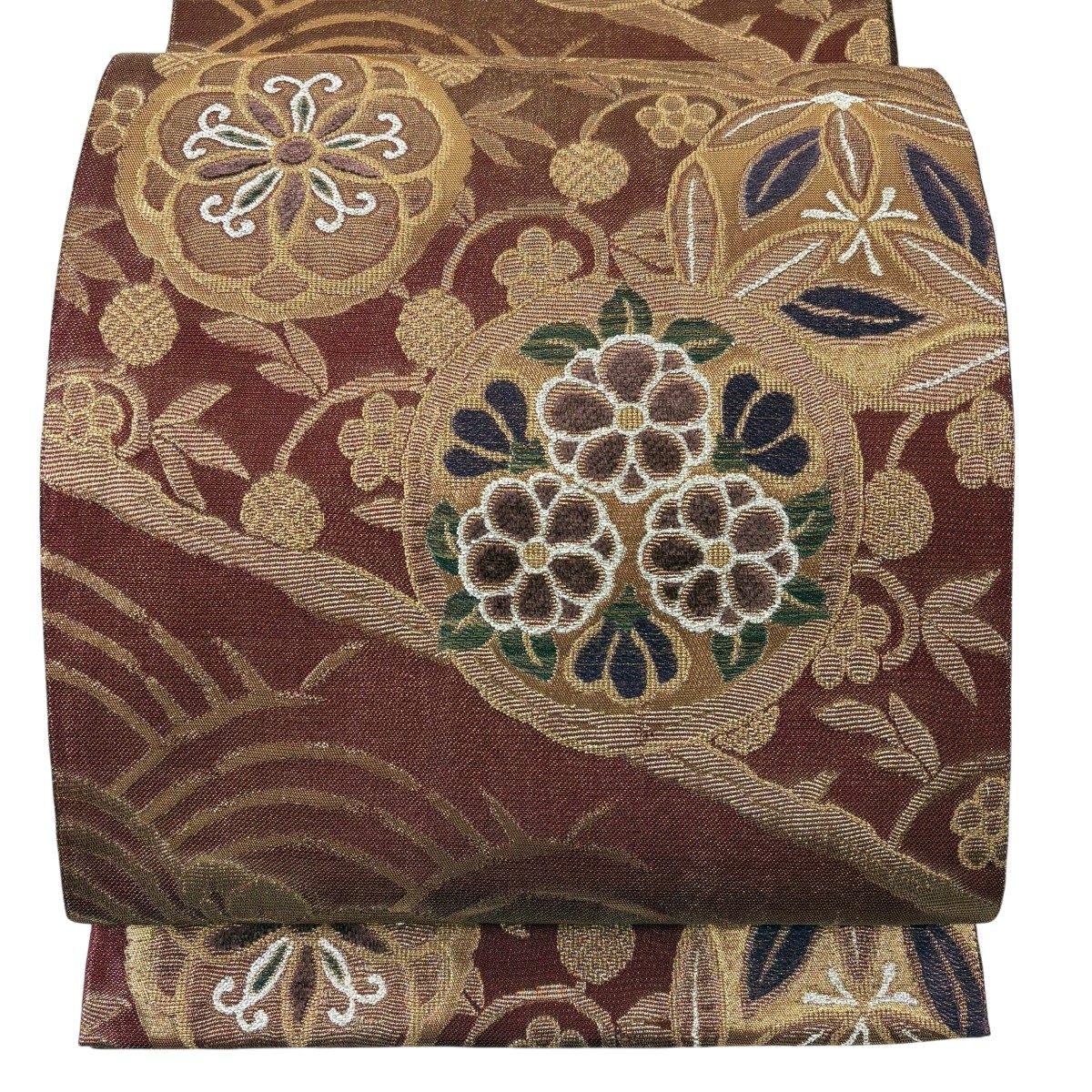 袋帯 名品 落款あり 金華山輪奈 草花 波 金糸 箔 茶色 六通 正絹 【中古】