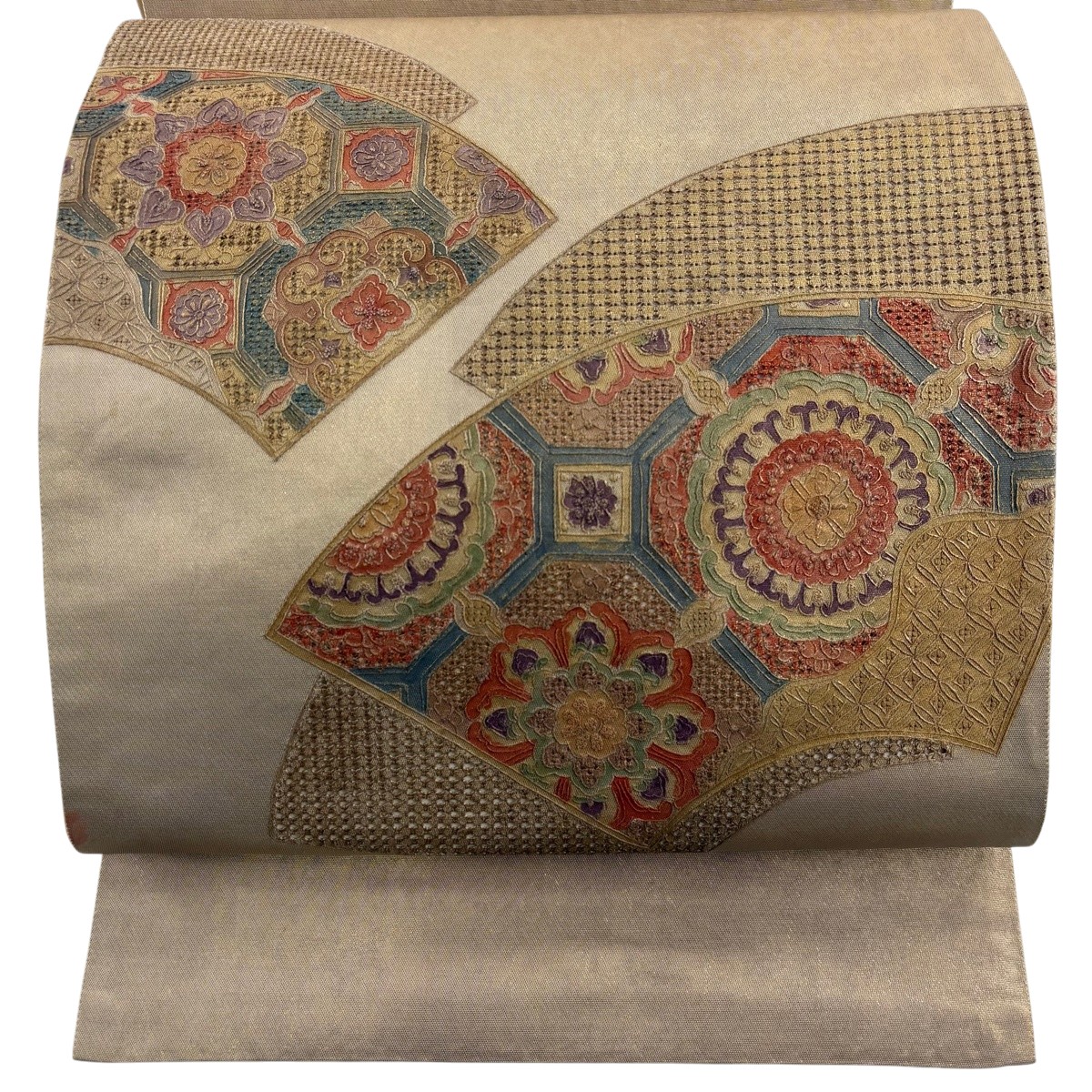 袋帯 秀品 扇面 蜀江華文 刺繍 箔 金茶 お太鼓柄 正絹 【中古】