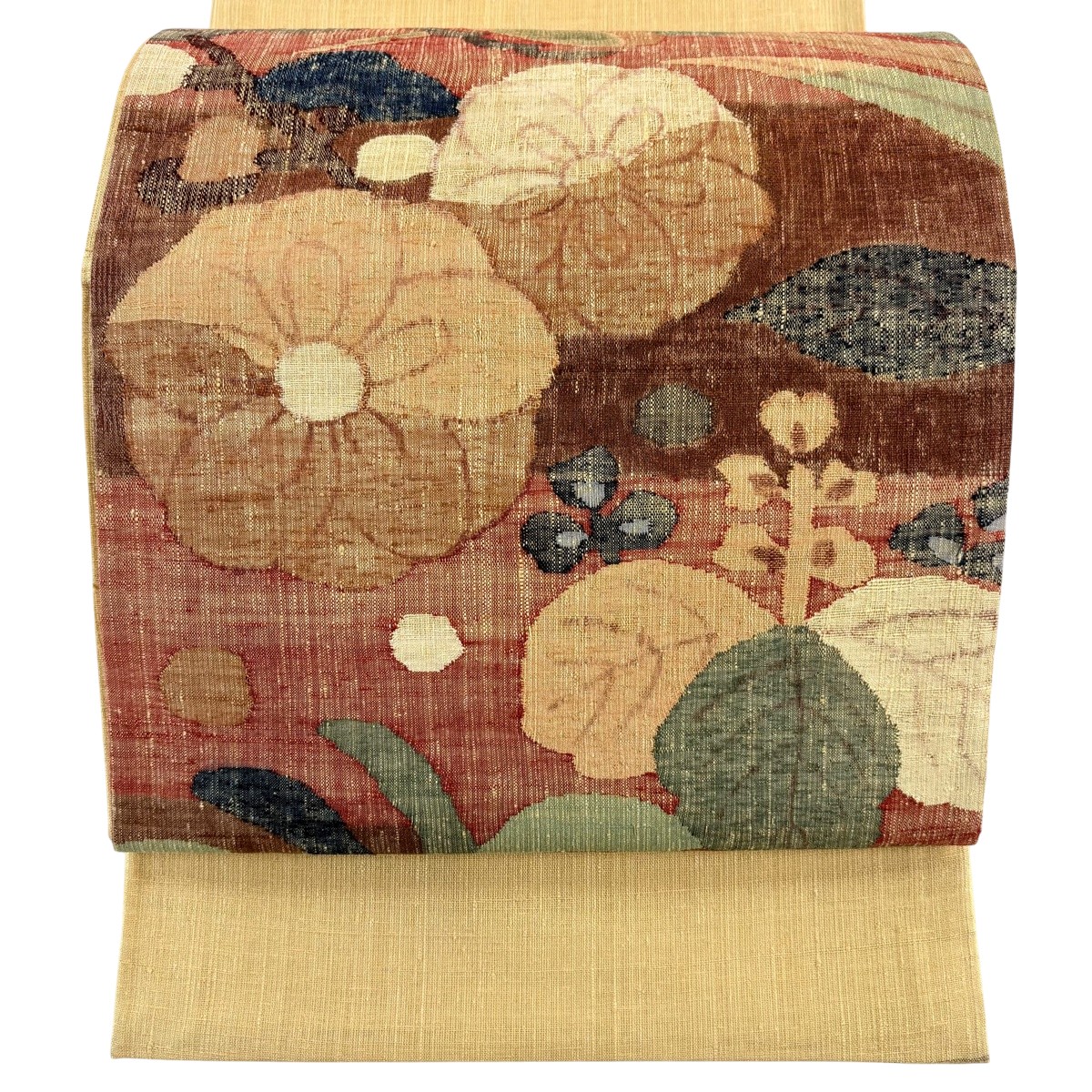 袋帯 秀品 紬地 関西仕立て 梅 松 茶色 お太鼓柄 正絹 【中古】