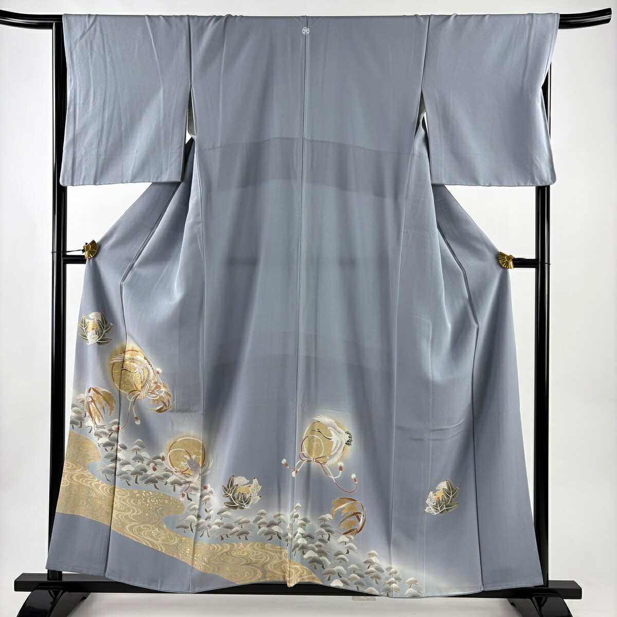 色留袖 身丈158.5cm 裄丈66.5cm M 袷 鶴 花丸文 金糸 金彩 青灰色 正絹 秀品 一つ紋 【中古】