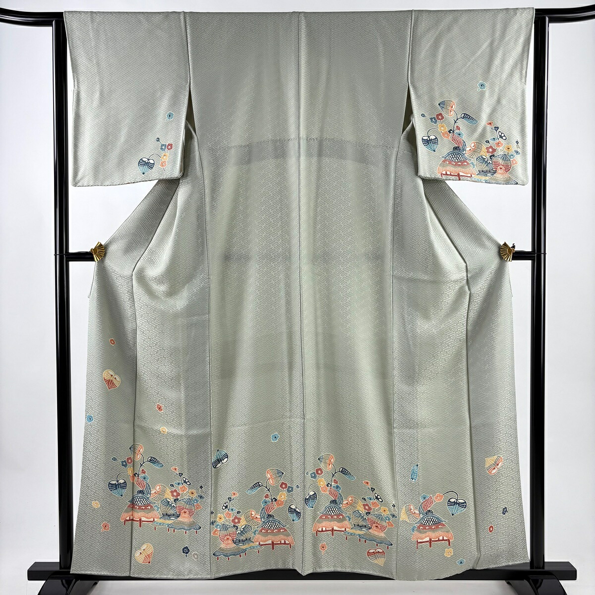 付下げ 身丈158.5cm 裄丈62cm S 袷 建物 梅 灰緑 正絹 秀品 【中古】