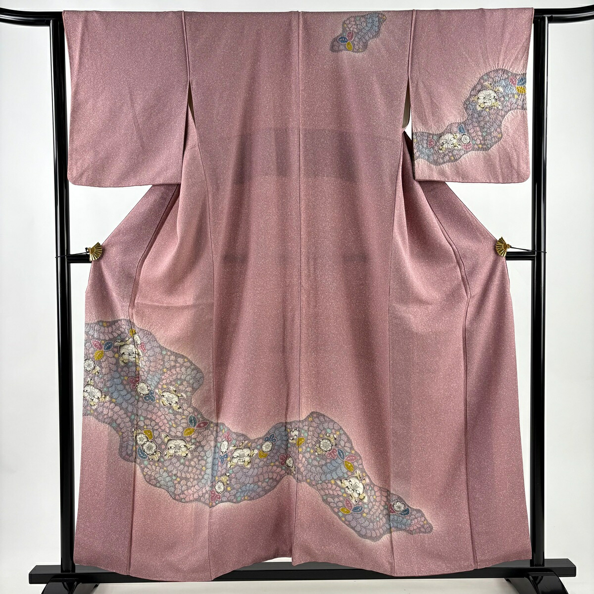 訪問着 身丈156.5cm 裄丈64cm M 袷 辻が花柄 ぼかし ピンク 正絹 秀品 【中古】