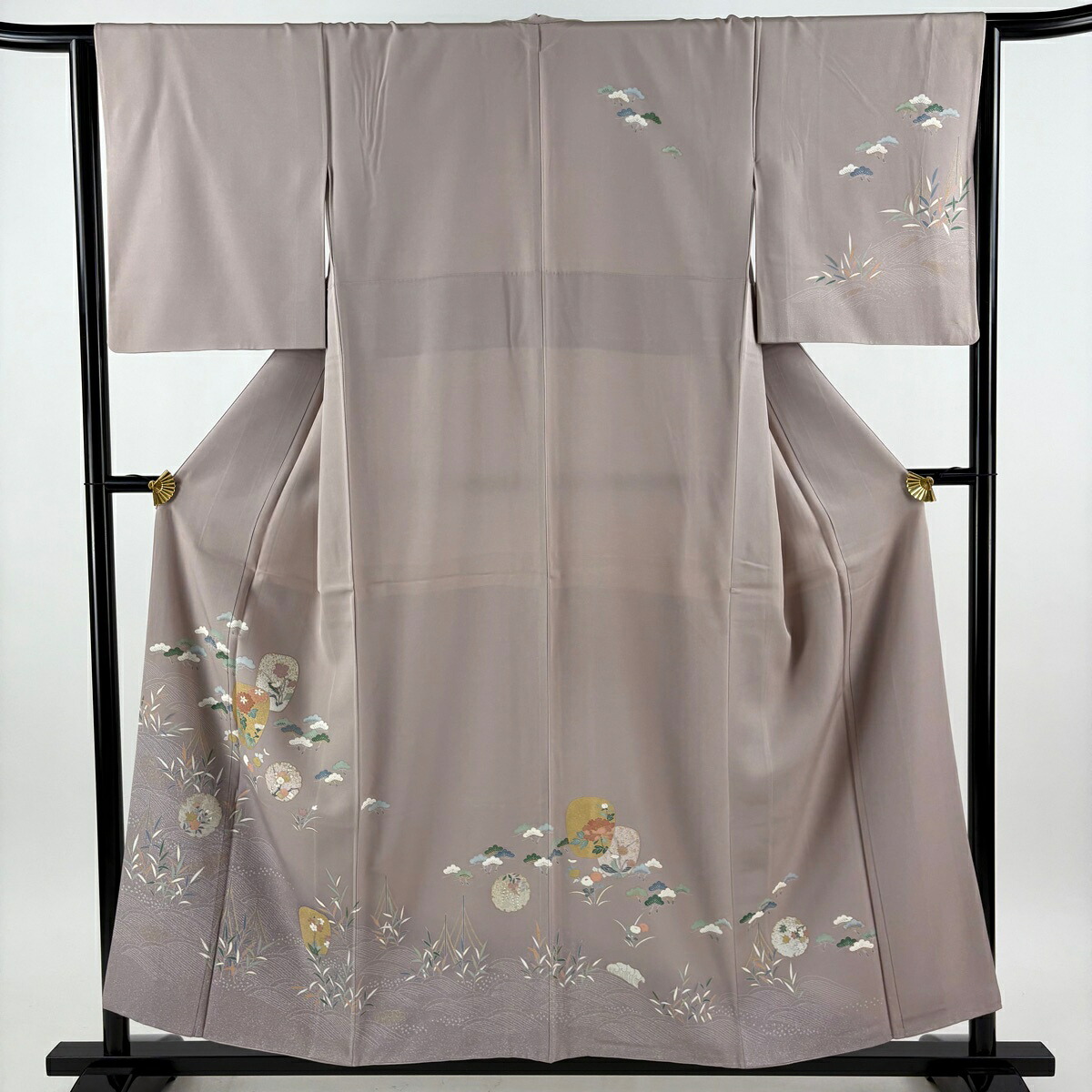 訪問着 身丈156cm 裄丈64.5cm M 袷 菊 松 金彩 灰紫 正絹 秀品 【中古】