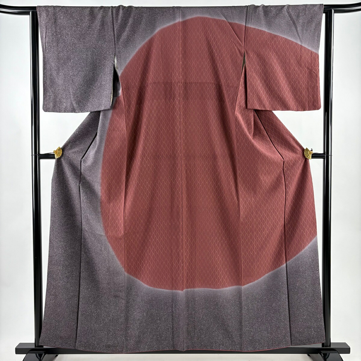 訪問着 身丈158.5cm 裄丈63cm S 袷 幾何学模様 網目 染め分け 金彩 灰紫 正絹 秀品 【中古】