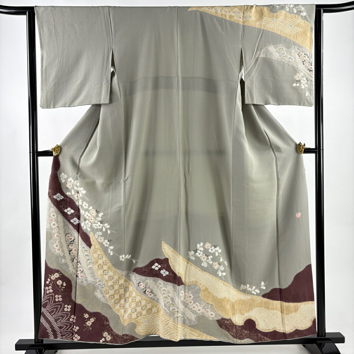 訪問着 身丈155.5cm 裄丈63cm S 袷 滝泰 落款あり 枝花 笠松 金彩 絞り 灰色 正絹 名品 【中古】 msp50