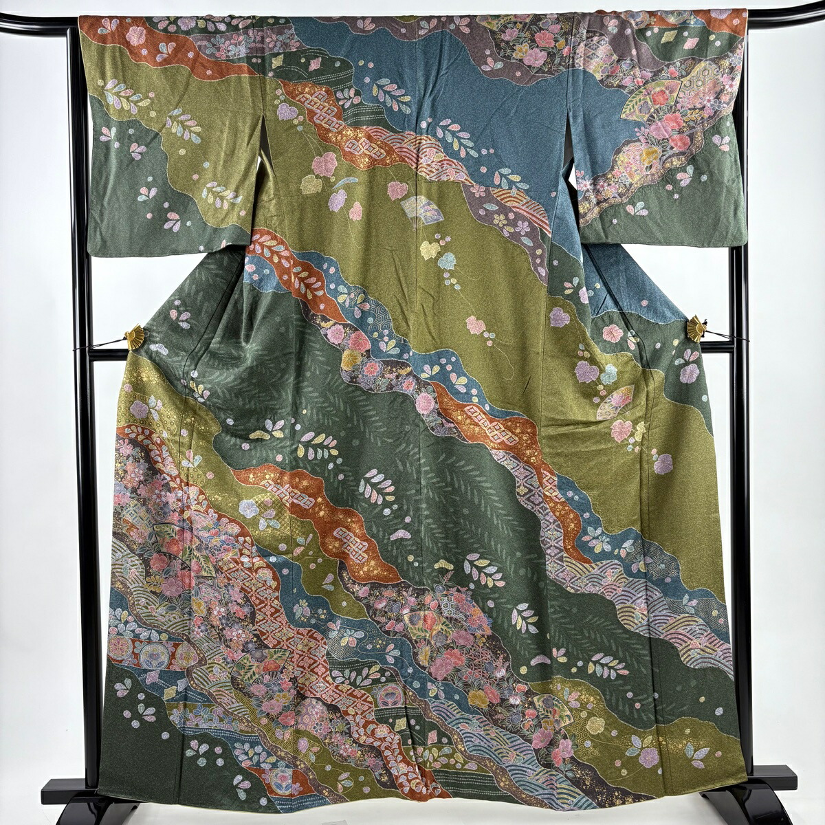 訪問着 身丈160cm 裄丈64cm M 袷 扇 草花 金彩 緑 正絹 名品 【中古】 msp50
