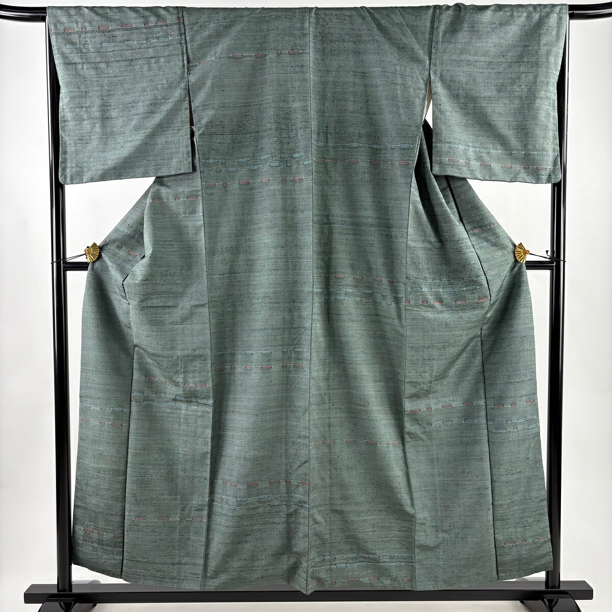 紬 身丈156cm 裄丈66cm M 袷 幾何学模様 灰緑 正絹 名品 【中古】 msp50