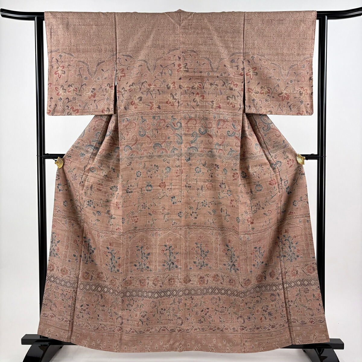【美品】 付下げ 身丈162.5cm 裄丈62.5cm S 袷 紬地 菱 草花 薄茶色 正絹 秀品 【中古】