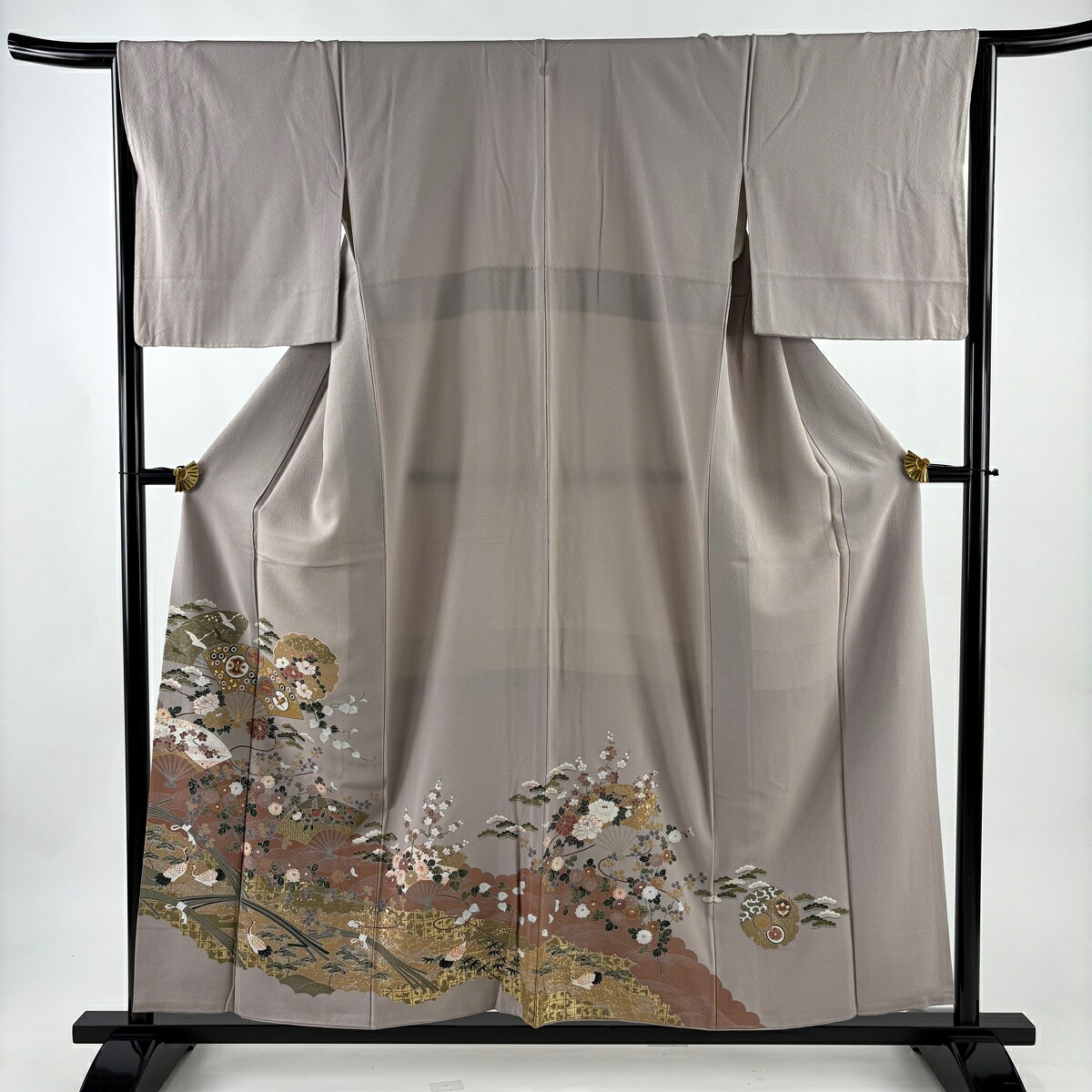 色留袖 身丈155.5cm 裄丈64cm M 袷 扇 草花 金彩 灰紫 正絹 秀品 一つ紋 【中古】