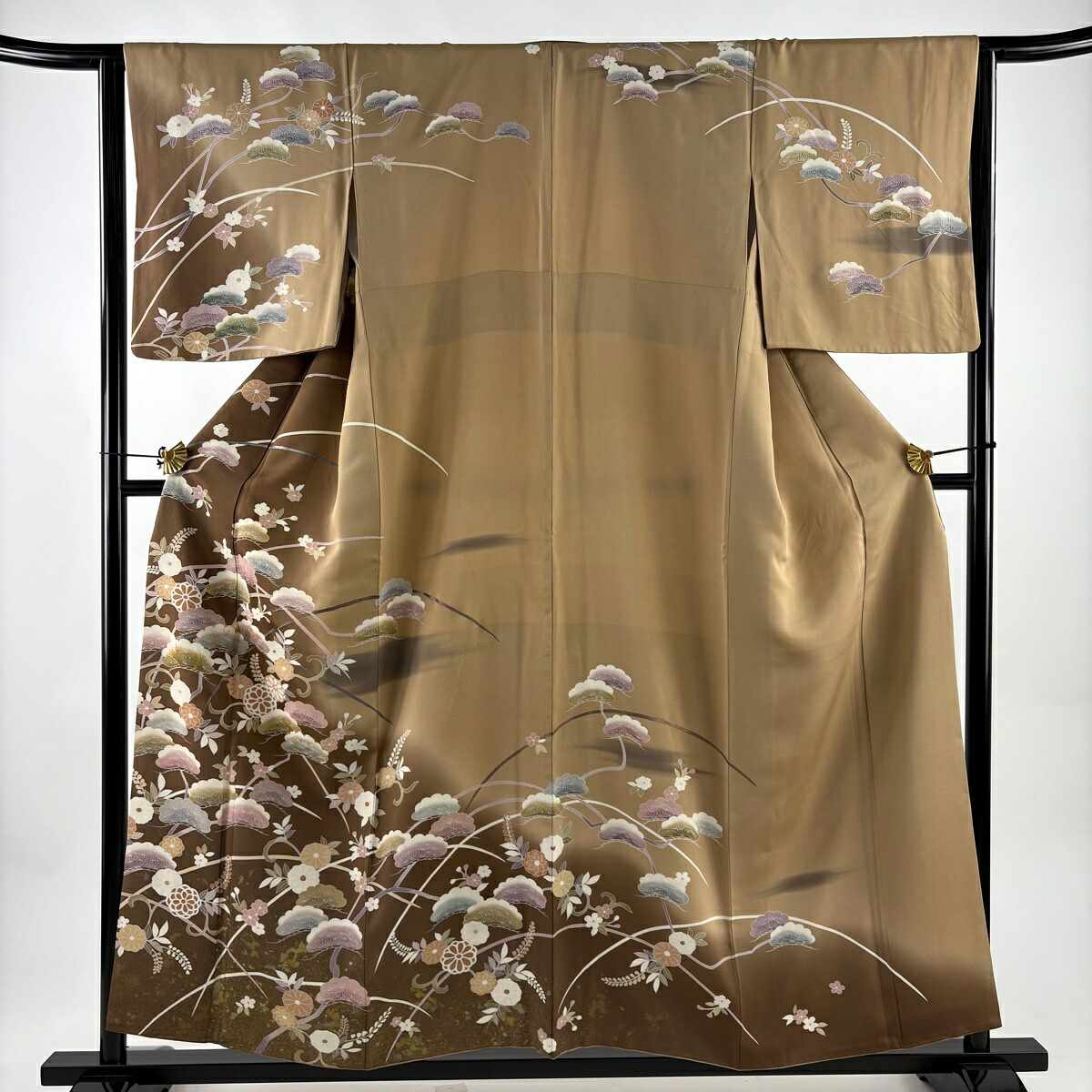 訪問着 身丈156.5cm 裄丈64cm M 袷 笠松 花唐草 金糸 金彩 茶色 正絹 秀品 【中古】