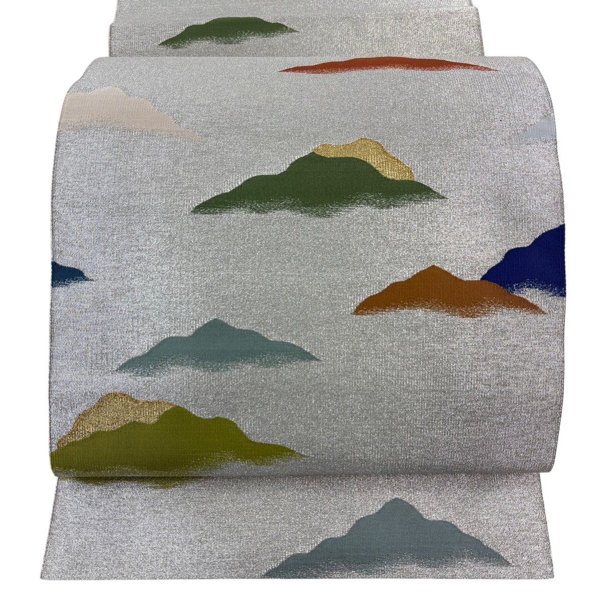 【美品】 名古屋帯 秀品 八寸名古屋帯 松葉仕立て 山 霞 金銀糸 銀色 正絹 【中古】 msp50