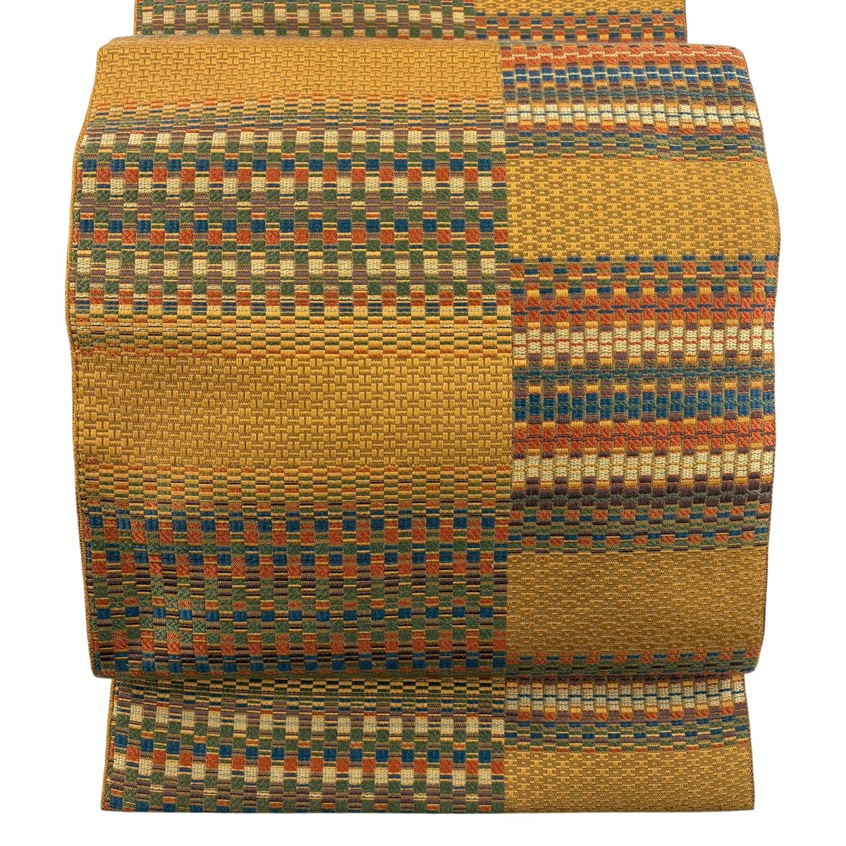【美品】 名古屋帯 秀品 八寸名古屋帯 松葉仕立て 幾何学模様 山吹茶色 正絹 【中古】 msp50