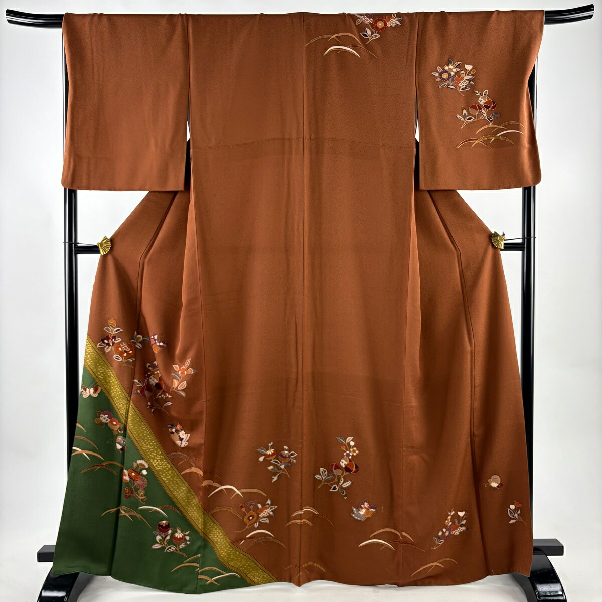 訪問着 身丈167cm 裄丈68cm L 袷 蝶 草花 金彩 染め分け 茶色 正絹 秀品 【中古】