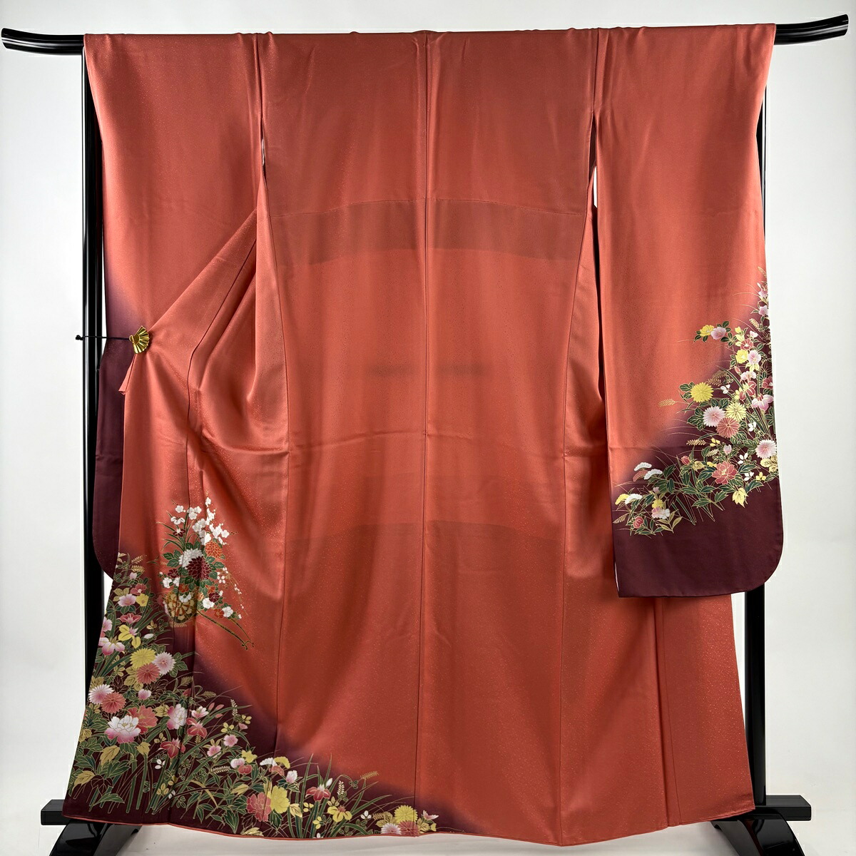 振袖 身丈163cm 裄丈67.5cm L 袷 花車 草花 金彩 ぼかし サーモンピンク 正絹 秀品 【中古】