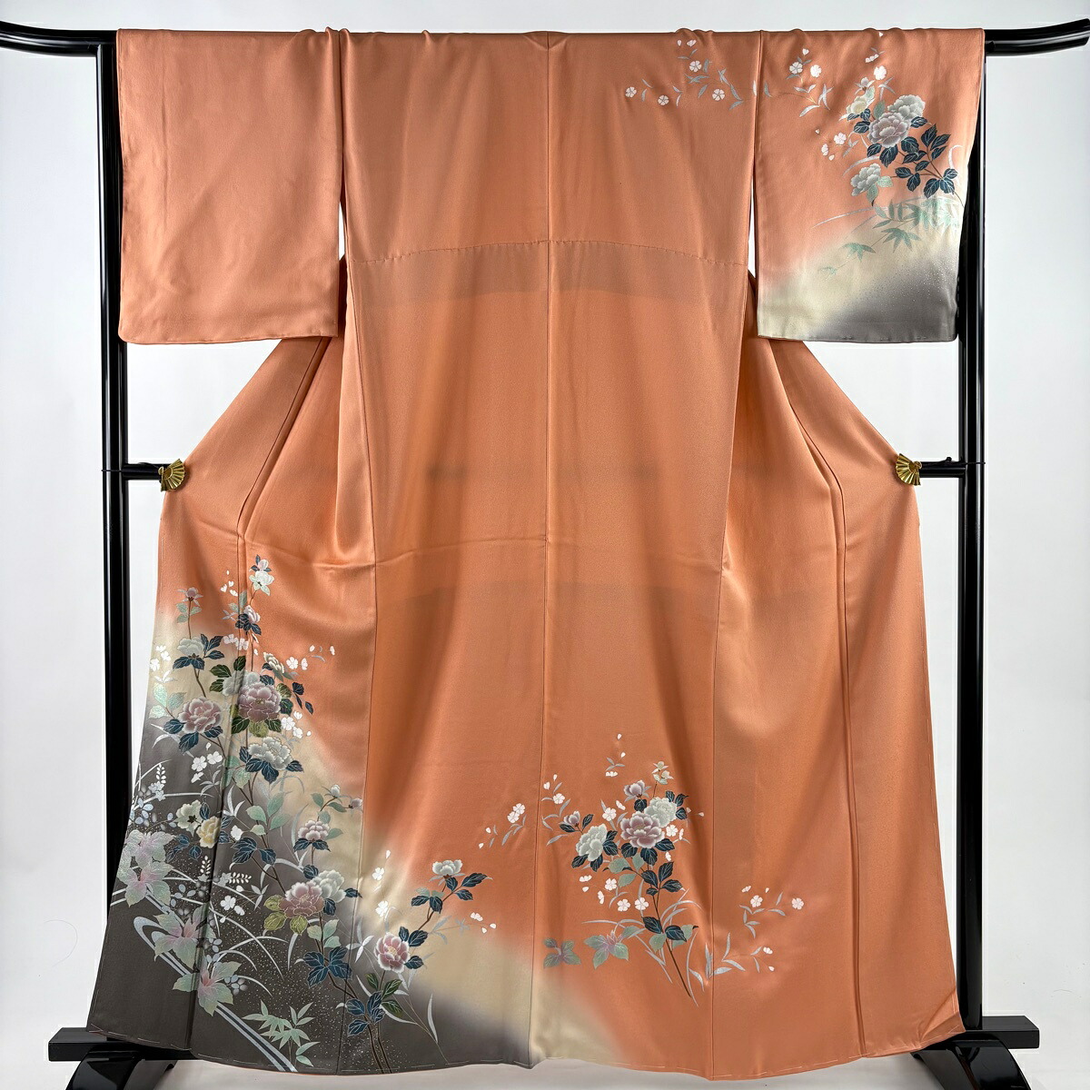 訪問着 身丈162cm 裄丈66cm M 袷 枝花 流水 螺鈿 金銀彩 オレンジ 正絹 秀品 【中古】