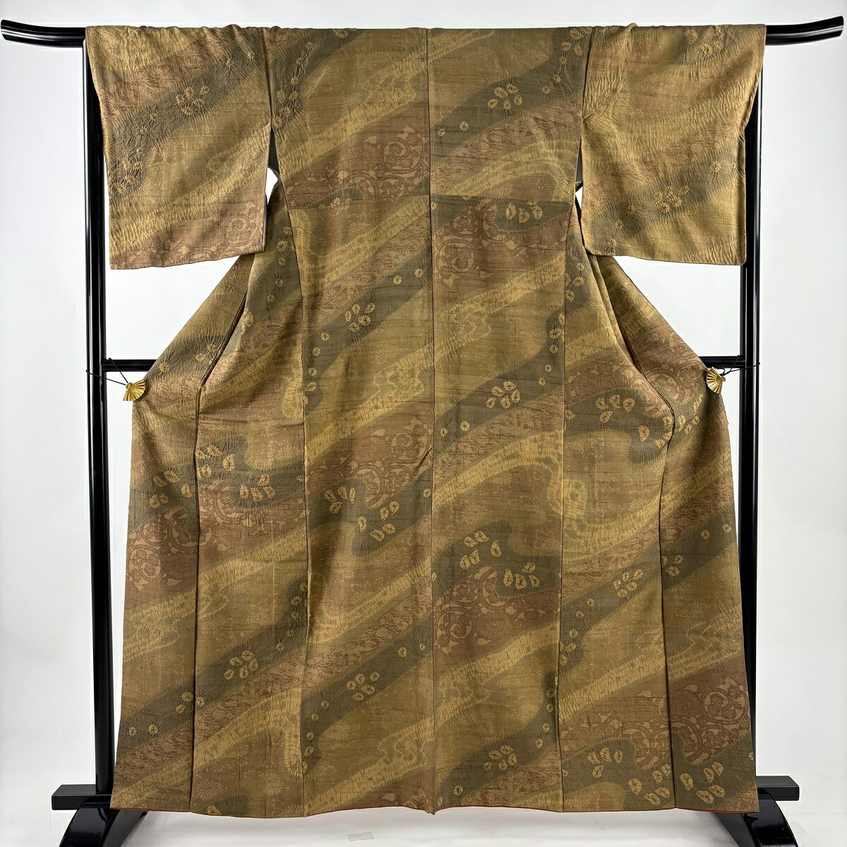 【美品】 小紋 身丈161cm 裄丈67cm M 袷 紬地 花唐草 霞 絞り 茶色 正絹 名品 【中古】