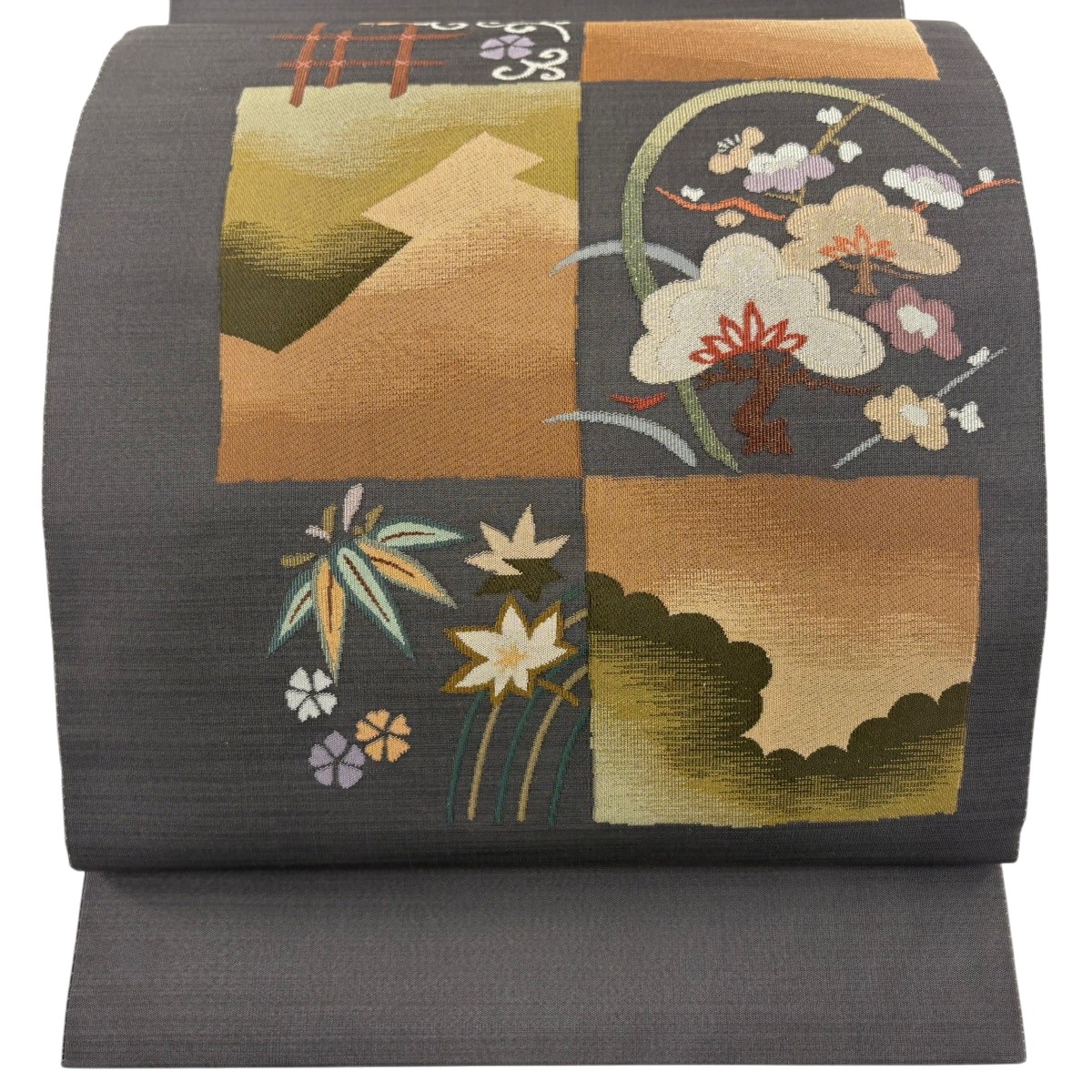 【美品】 袋帯 名品 祥園 落款あり 松竹梅 雲文 金銀糸 茶色 お太鼓柄 正絹 【中古】 msp50
