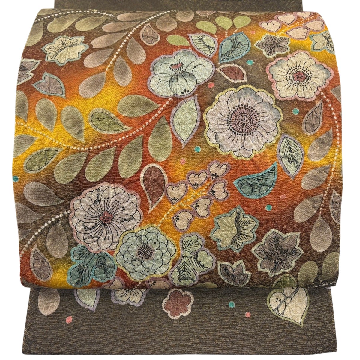 袋帯 名品 落款あり 辻が花柄 金糸 茶色 お太鼓柄 正絹 【中古】