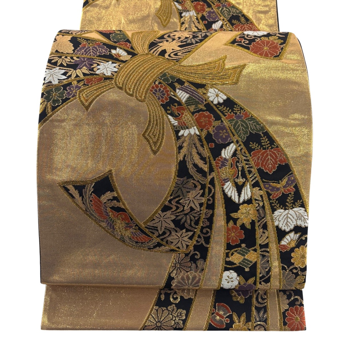 袋帯 名品 束ね熨斗 宝尽くし 金糸 箔 金色 六通 正絹 【中古】