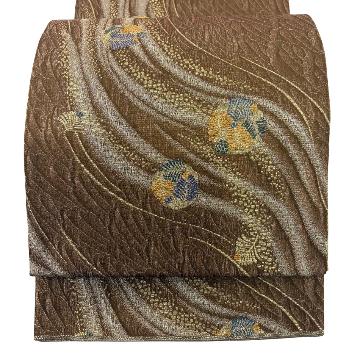 【美品】 袋帯 名品 若松 金銀糸 箔 茶色 六通 正絹 【中古】 msp50