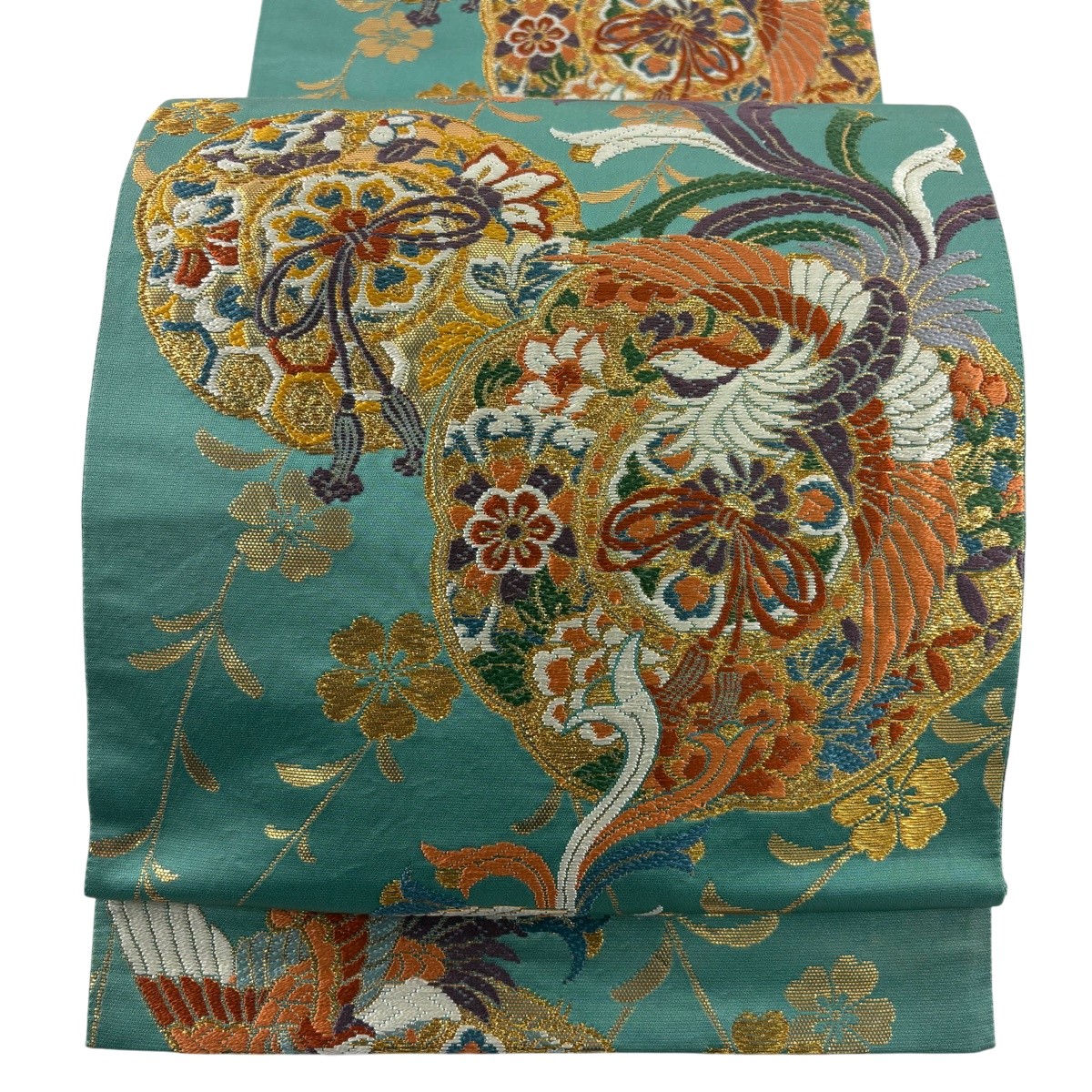 袋帯 名品 じゅらく 落款あり 瑞鳥鏡華文様 金糸 箔 緑 六通 正絹 【中古】