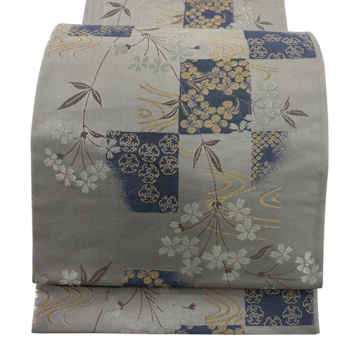 【美品】 袋帯 名品 坂東三津五郎 落款あり 桜 流水 金糸 灰色 六通 正絹 【中古】 msp50