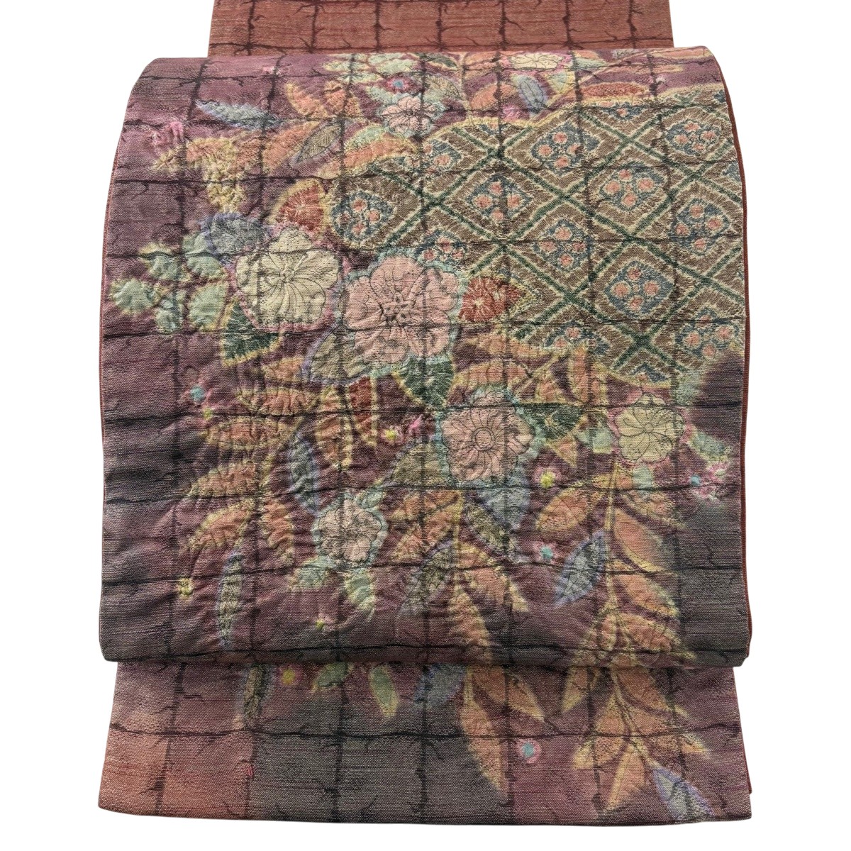 【美品】 袋帯 名品 草花 格子 金糸 赤茶 お太鼓柄 正絹 【中古】 msp50