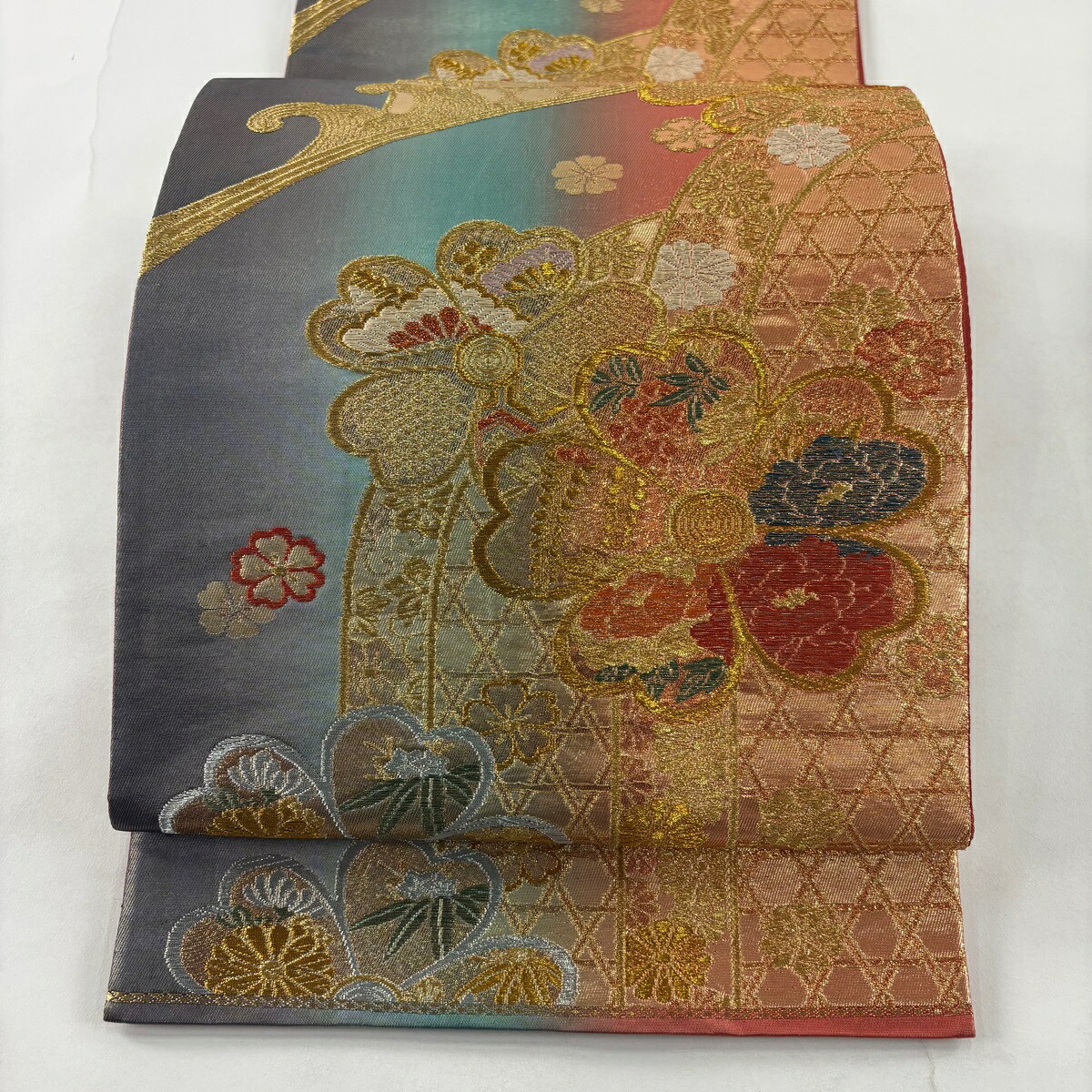 袋帯 名品 桜 波頭 金銀糸 箔 オレンジ 全通 正絹 【中古】