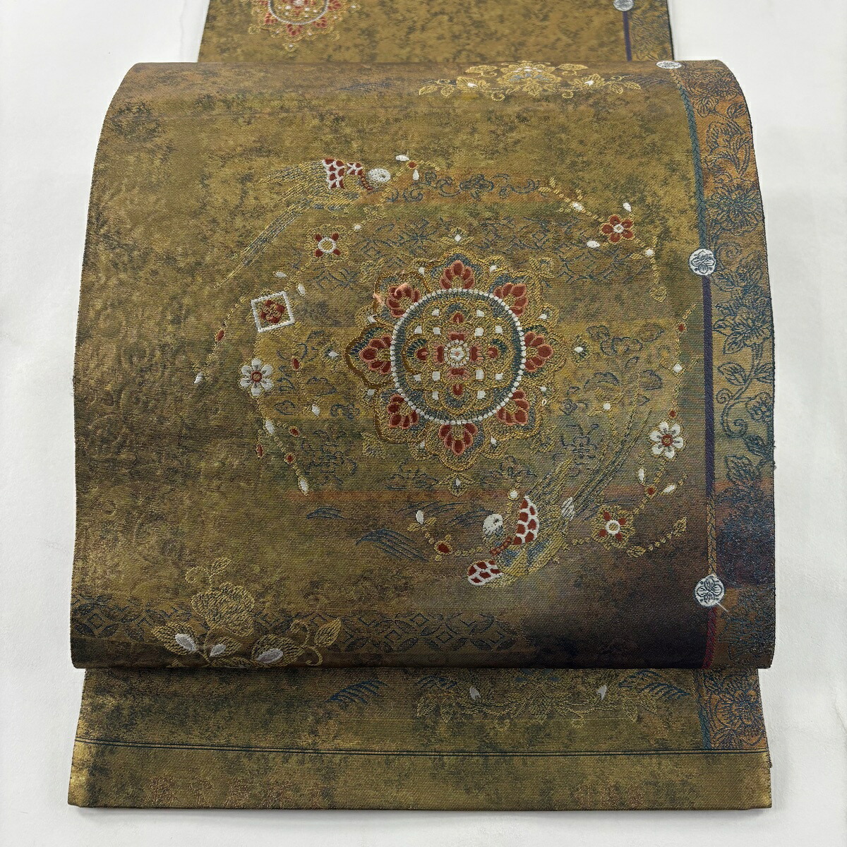 袋帯 名品 華文 鳥 金糸 箔 金茶 六通 正絹 【中古】