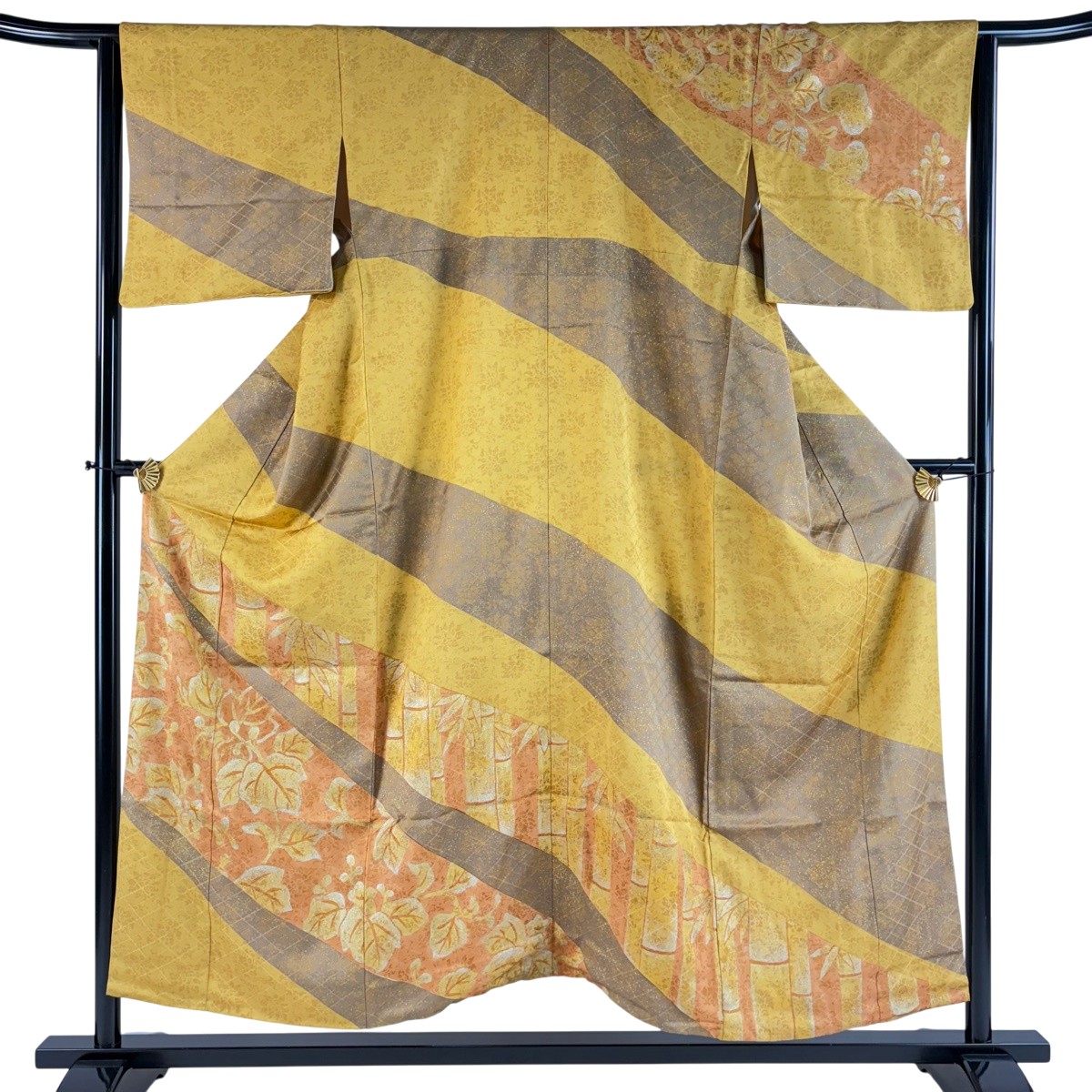 訪問着 身丈152.5cm 裄丈63cm S 袷 草花 金銀彩 山吹色 正絹 秀品 一つ紋 【中古】