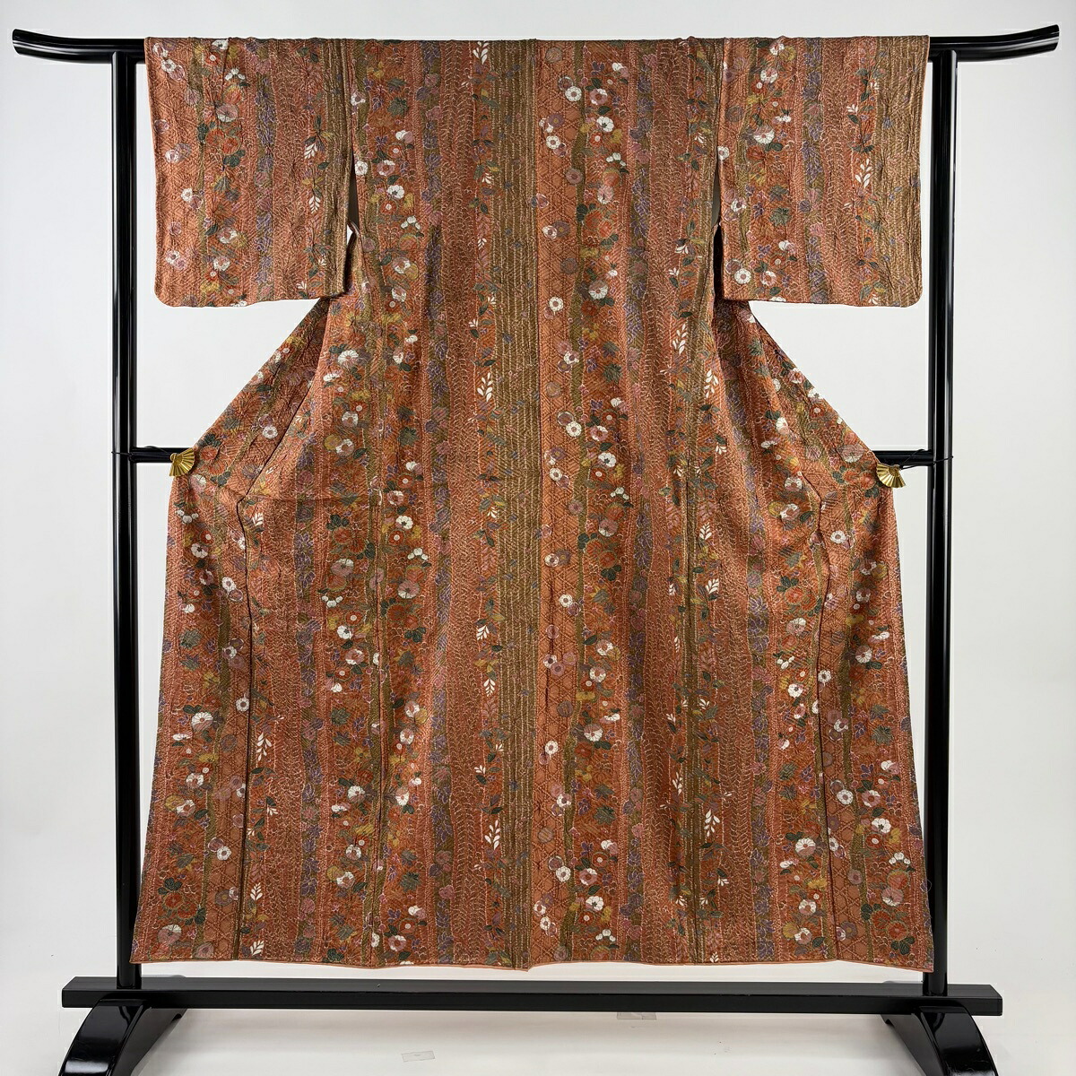 【美品】 小紋 身丈153.5cm 裄丈63cm S 袷 草花 籠目 金彩 赤茶 正絹 秀品 【中古】