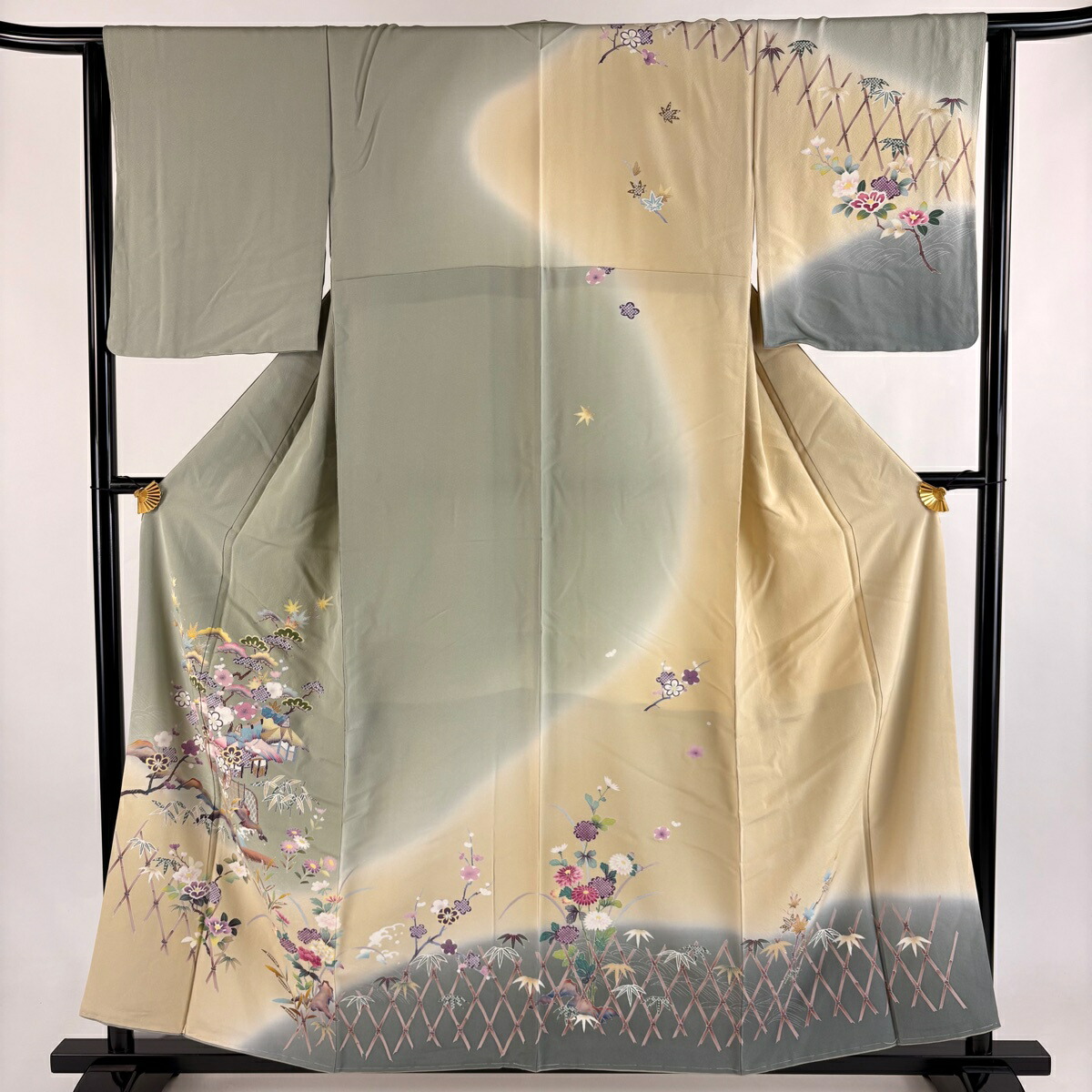 訪問着 身丈157cm 裄丈63.5cm S 袷 松竹梅 家屋 染分け ぼかし 灰緑 正絹 秀品 【中古】