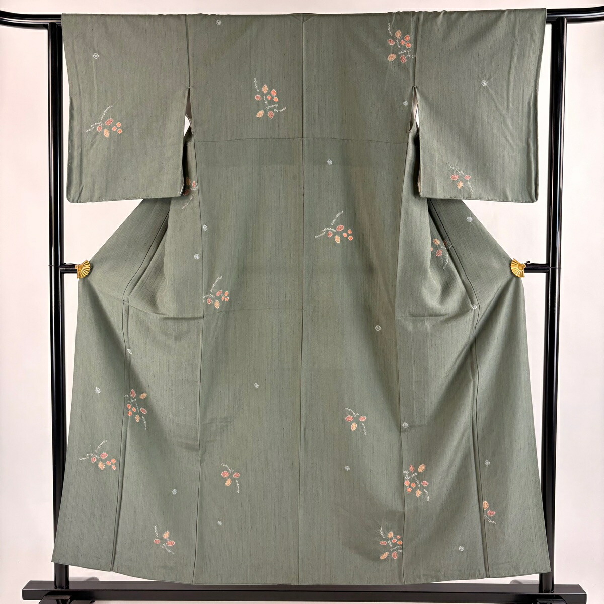 小紋 身丈155cm 裄丈62.5cm S 袷 紬地 葉 絞り 灰緑 正絹 秀品 【中古】
