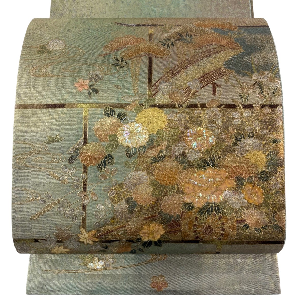 袋帯 名品 落款あり 花車 橋 金彩 螺鈿 深緑 お太鼓柄 正絹 【中古】