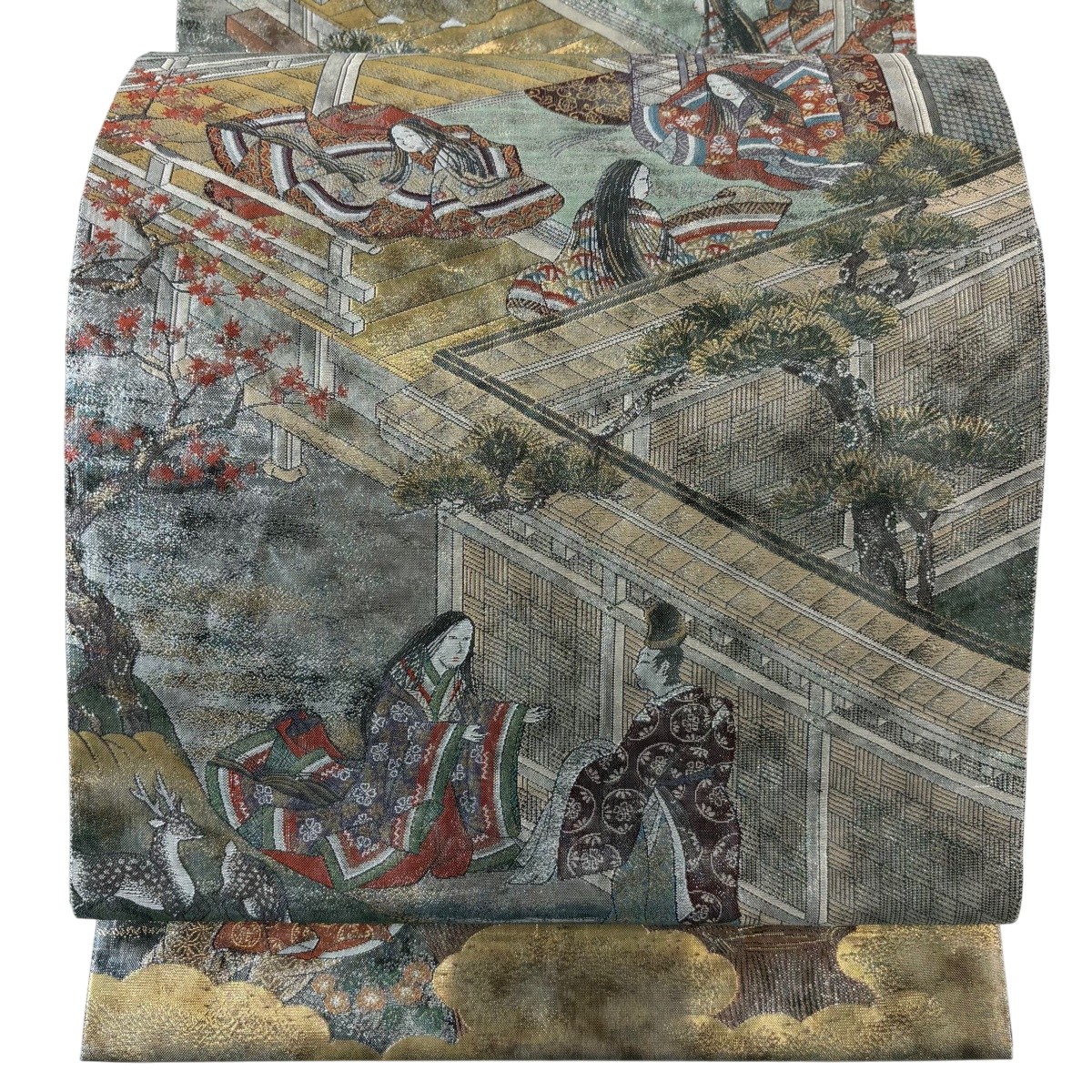 袋帯 名品 絵巻伊勢物語 箔 銀色 お太鼓柄 正絹 【中古】