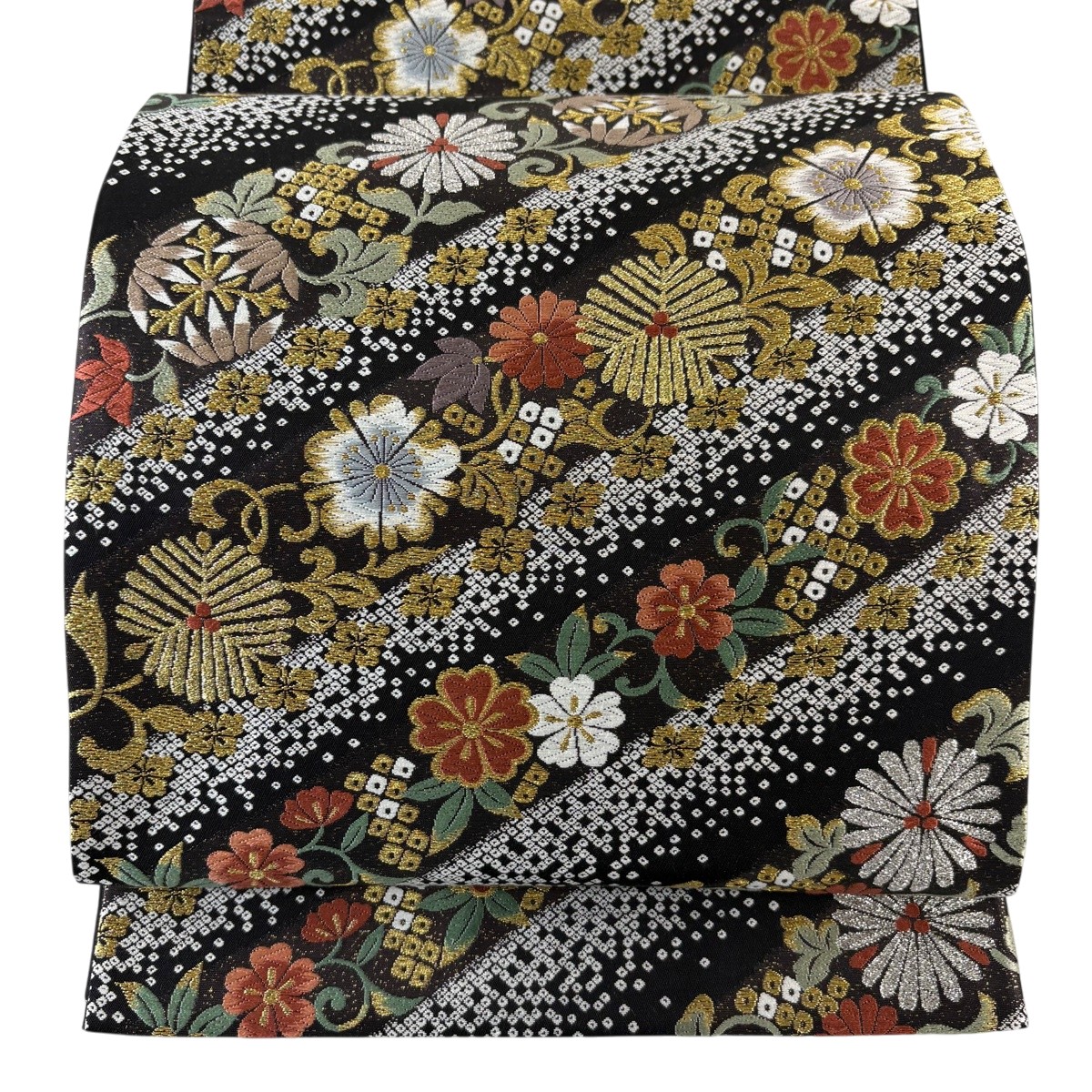 袋帯 名品 花唐草 金糸 箔 黒 六通 正絹 【中古】