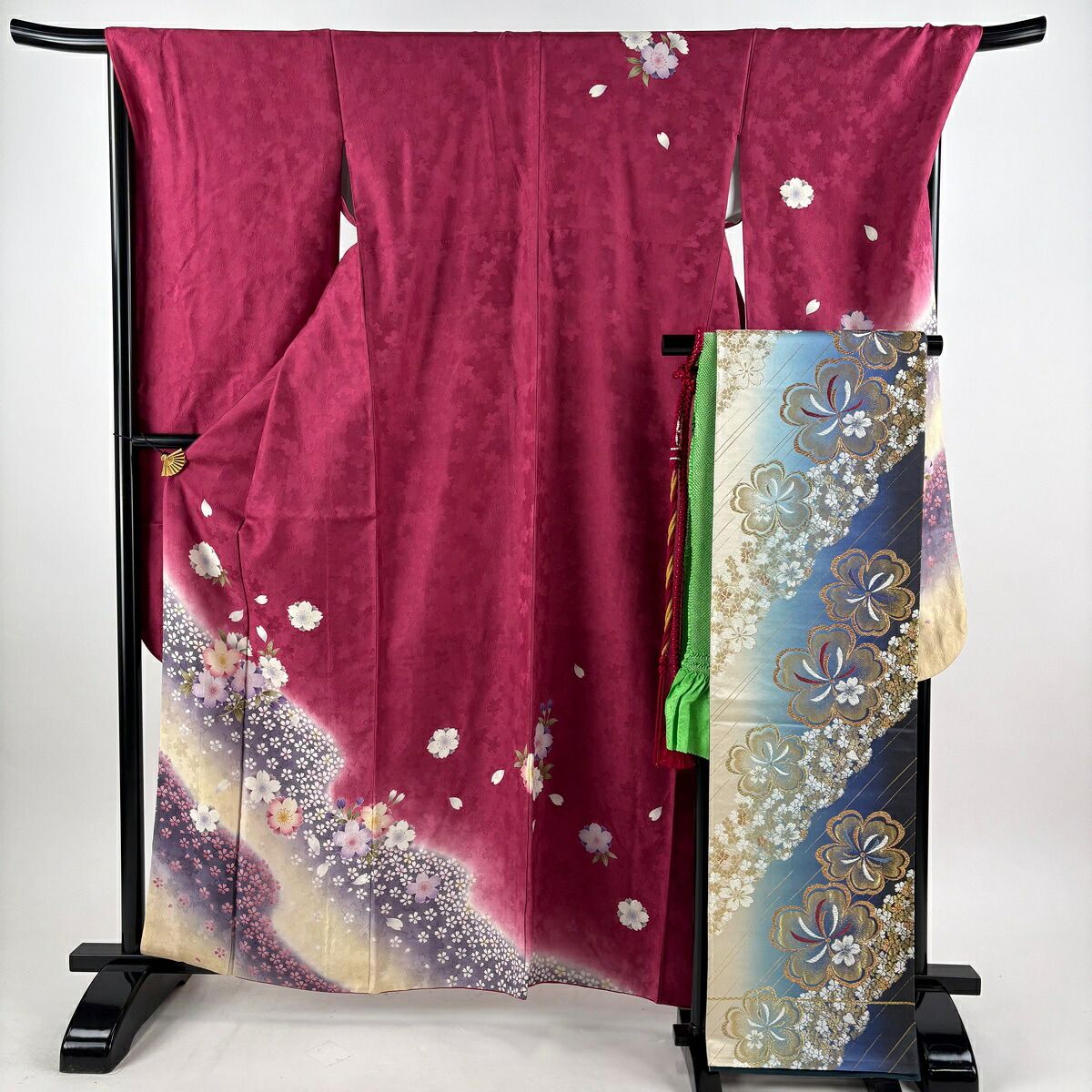 振袖 身丈161.5cm 裄丈69.5cm L 袷 袋帯フルセット 桜 霞 金彩 ぼかし 赤紫 正絹 秀品 【中古】