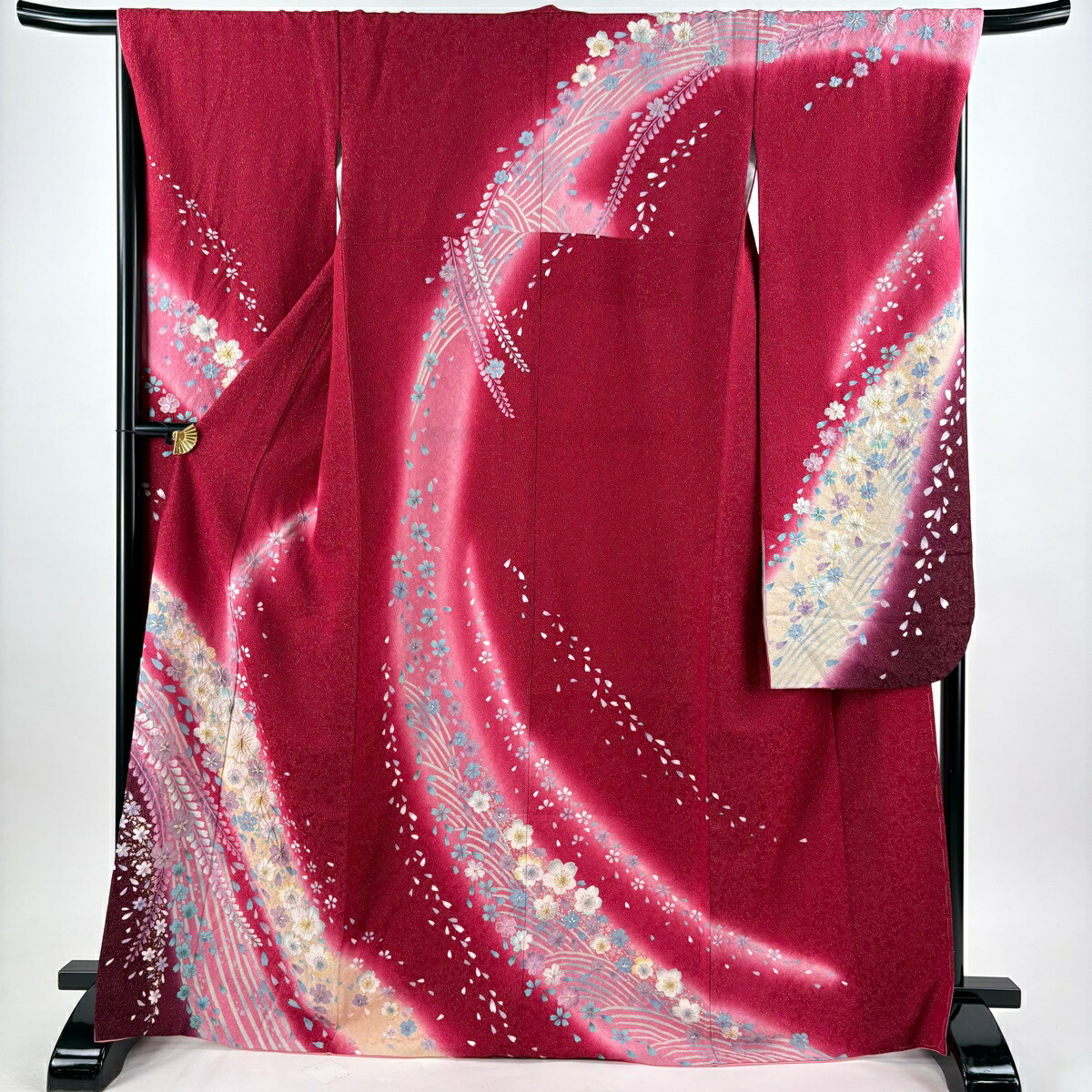 【美品】 振袖 身たけ178.5糎 裄丈68糎 L 袷 桜 花片 銀通し 金彩 赤 正絹 珠玉 【中古】