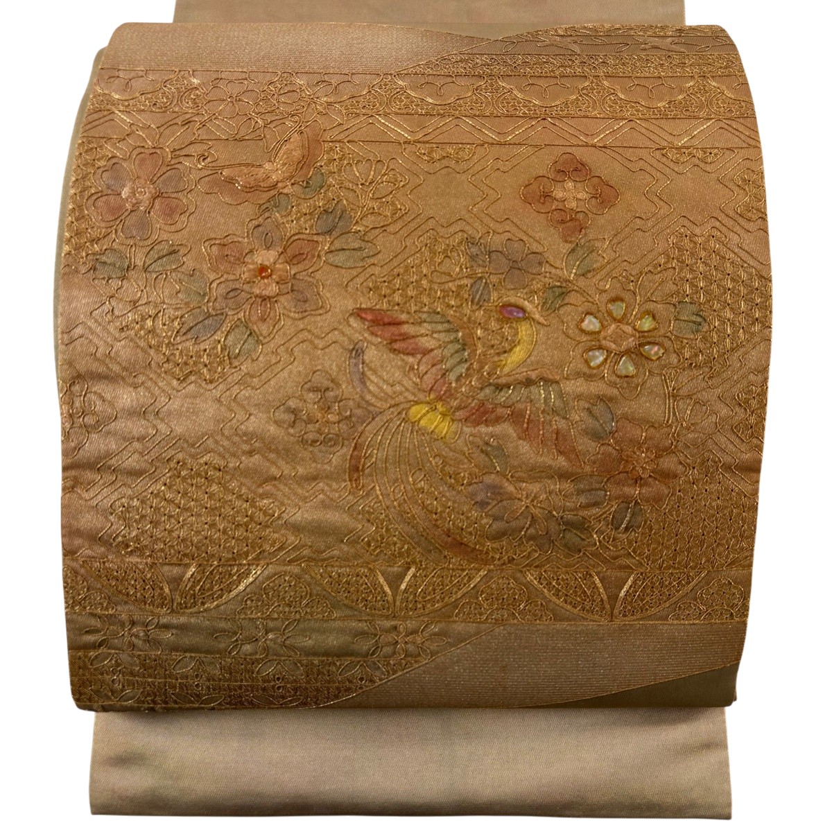 【美品】 袋帯 名品 草花 鳥 螺鈿 箔 薄茶色 お太鼓柄 正絹 【中古】 msp50