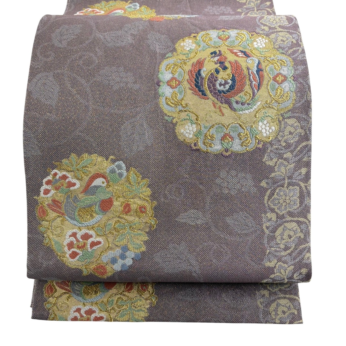 袋帯 秀品 華文 鳥 金糸 箔 灰紫 六通 正絹 【中古】