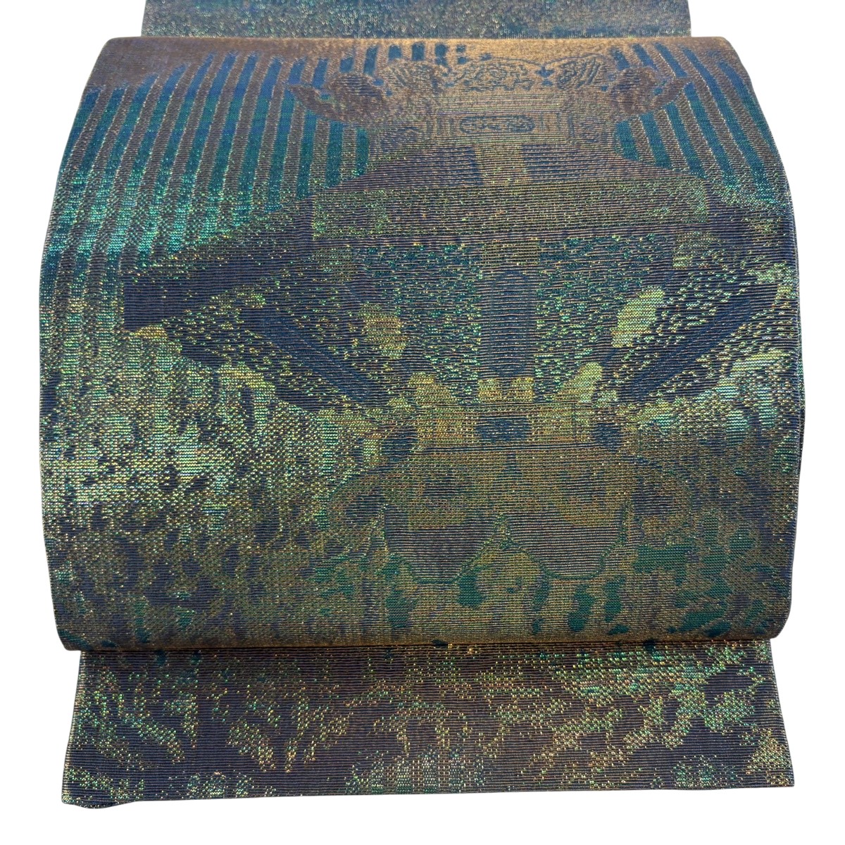 袋帯 逸品 佐波理 落款あり 西本願寺宝 箔 青緑 お太鼓柄 正絹 【中古】 msp30
