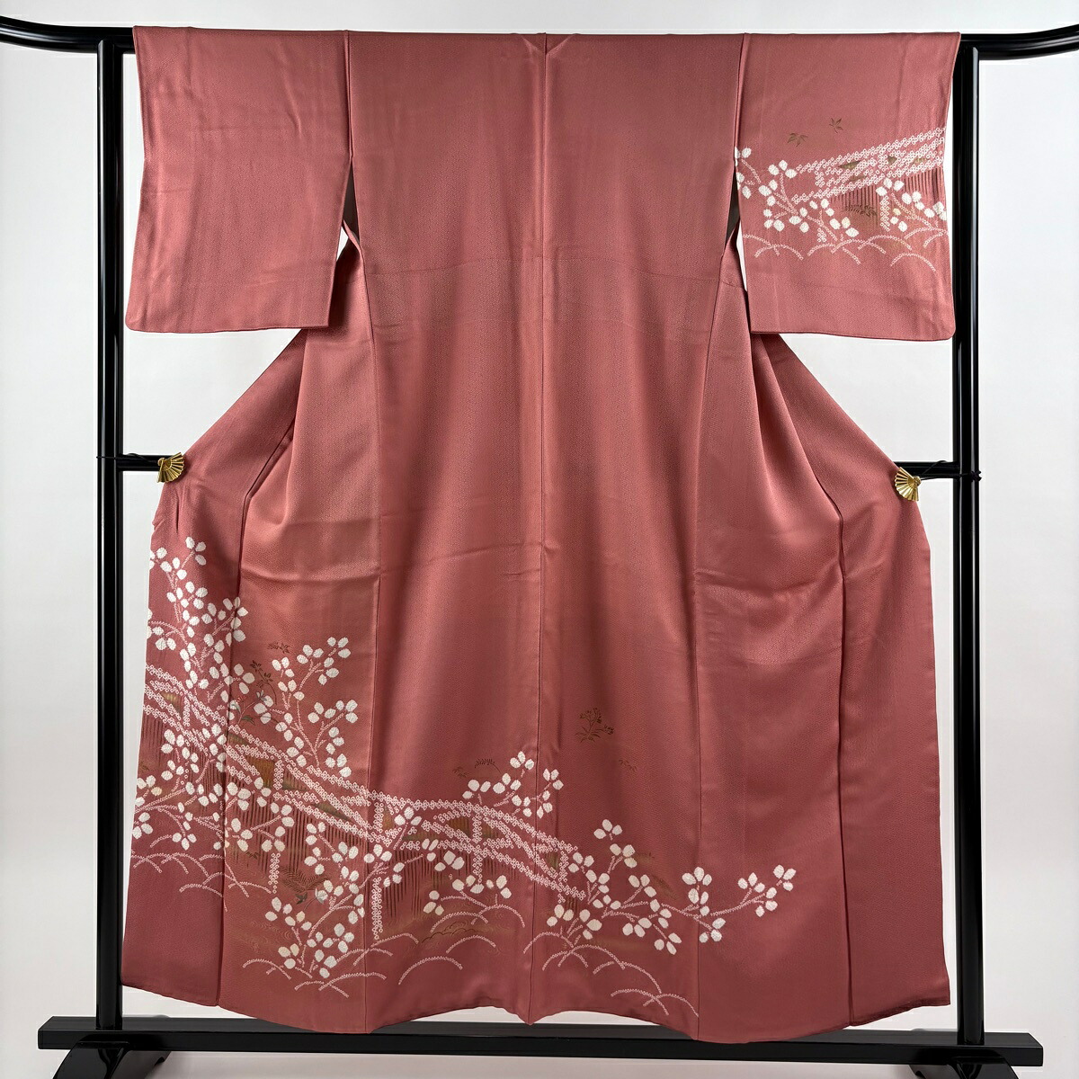 訪問着 身丈156cm 裄丈62cm S 袷 草花 流水 絞り 刺繍 ピンク 正絹 秀品 【中古】