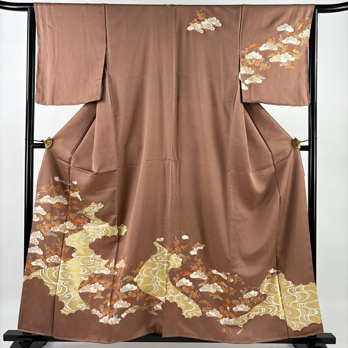 訪問着 身丈159cm 裄丈64.5cm M 袷 流水 松 金糸 金彩 小豆色 正絹 秀品 【中古】
