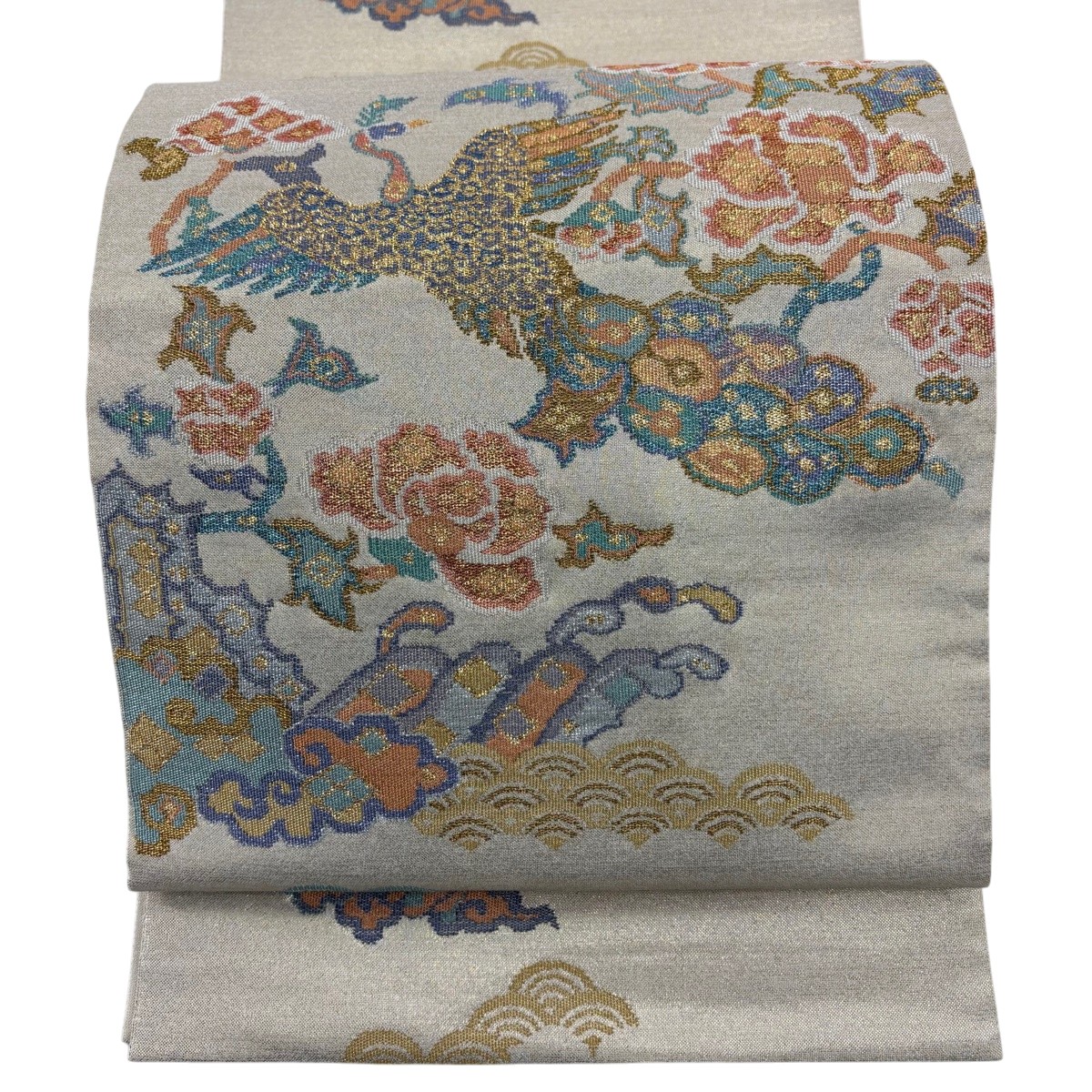 袋帯 名品 じゅらく 落款あり 麗鳳牡丹有栖川文 金糸 箔 金色 お太鼓柄 正絹 【中古】