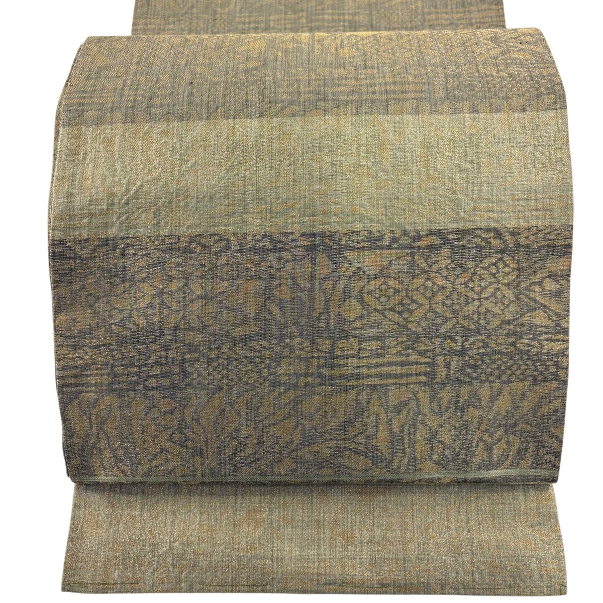 袋帯 名品 七宝 鶯 金糸 鶯色 全通 正絹 【中古】