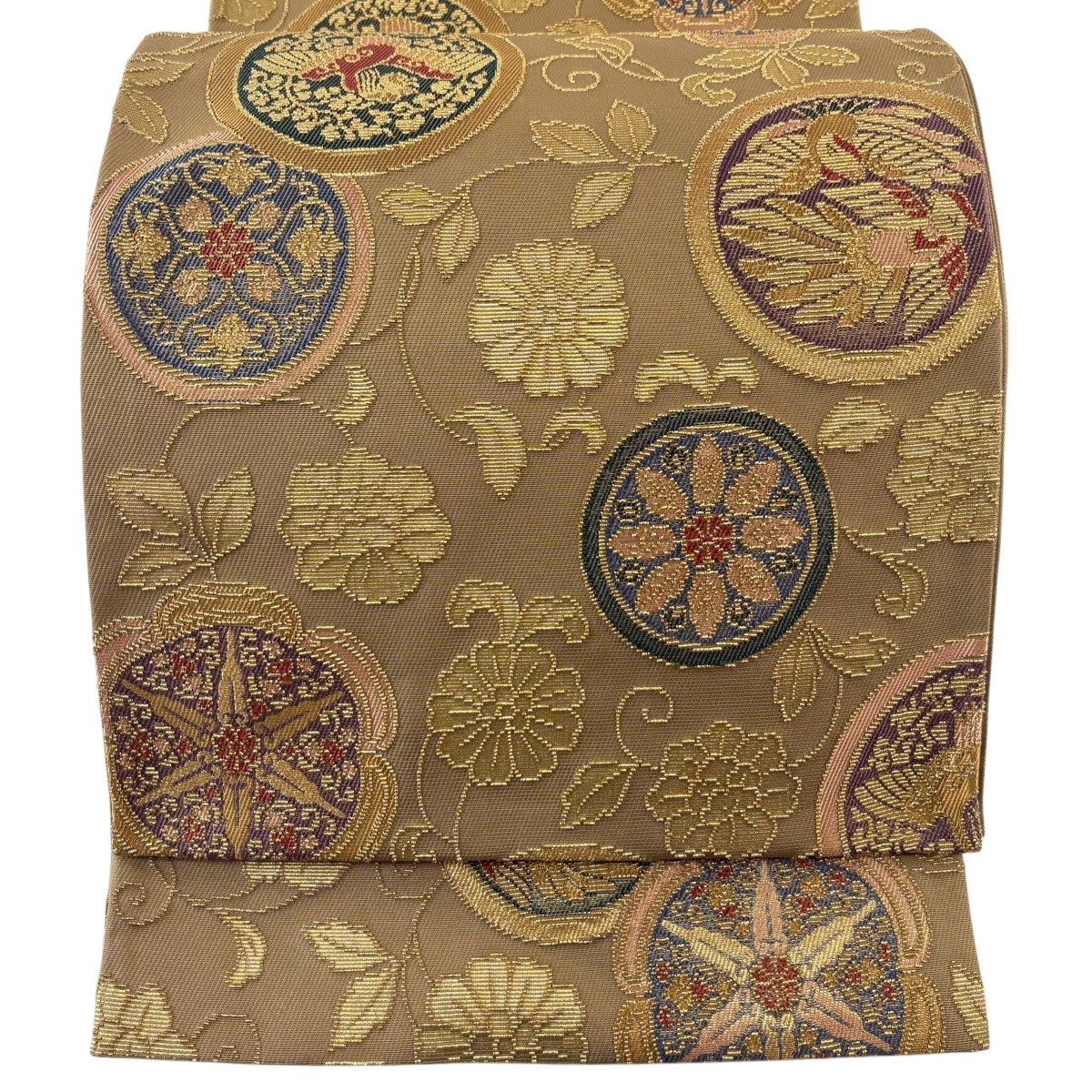 【美品】 袋帯 名品 鳥 鎌倉文 金糸 箔 黄土色 六通 正絹 【中古】 msp50