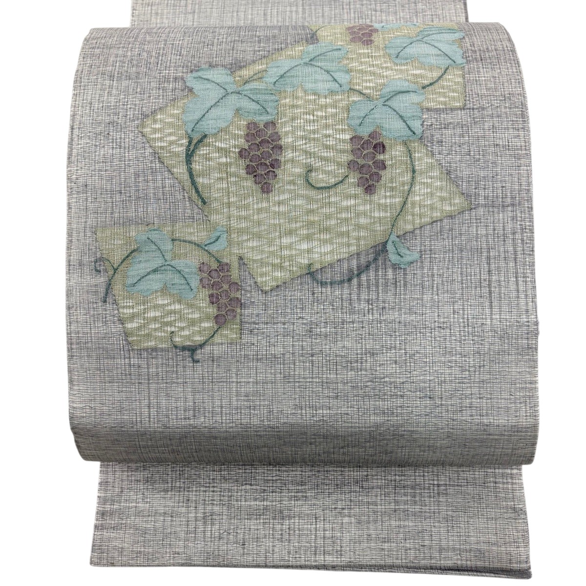 【美品】 袋帯 名品 夏帯 葡萄 銀糸 灰色 お太鼓柄 正絹 【中古】